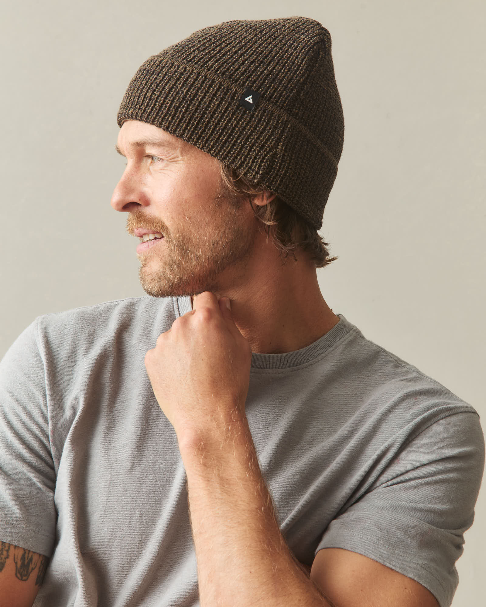 Cuffed Marled Merino Wool Beanie - Marled Olive Black - Image 3
