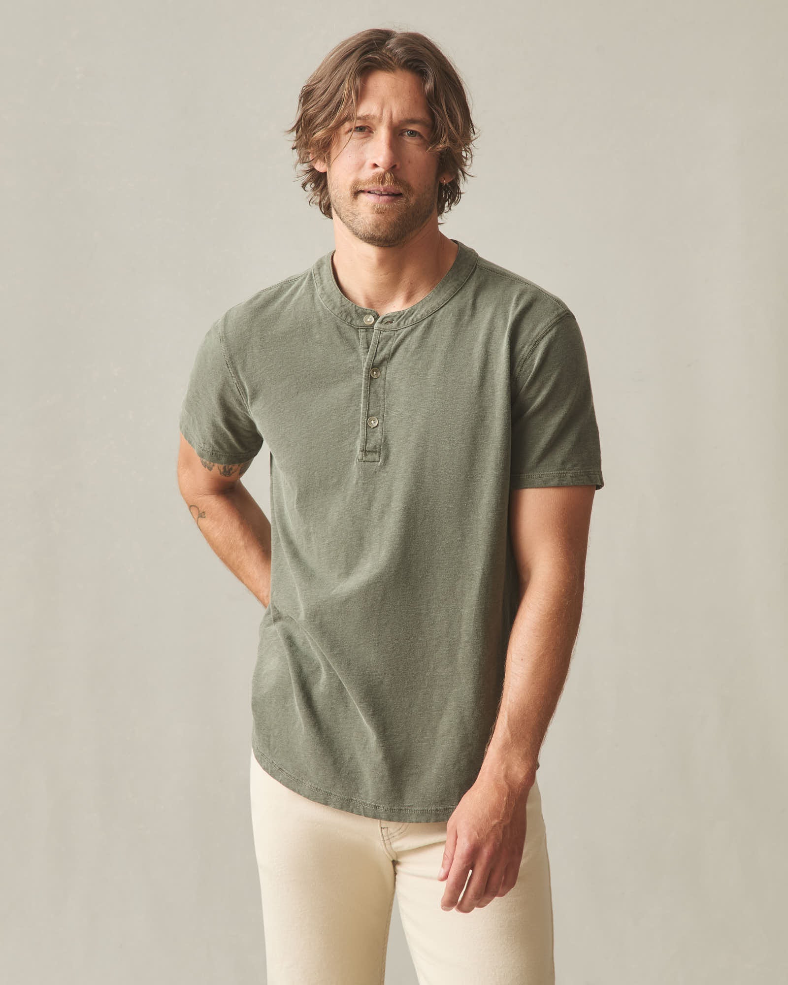 Men's Broken-In Premium Slub Henley - Washed Olive - Image 2