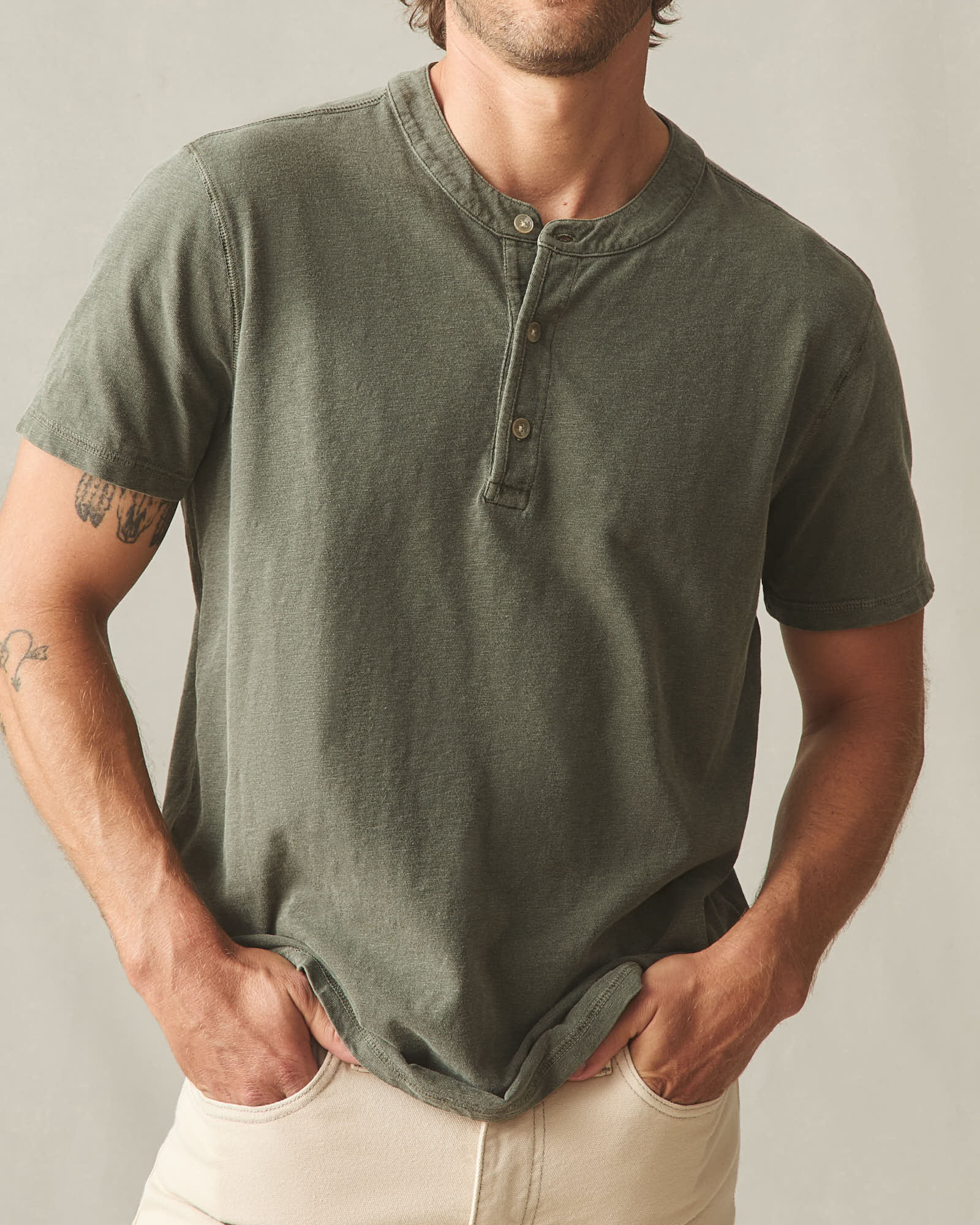 Men's Broken-In Premium Slub Henley - Washed Olive - Image 3