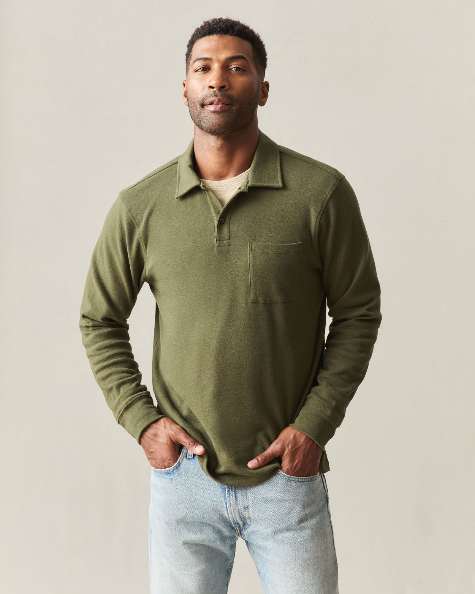 Men's Brushed Long Sleeve Polo - Olive Night Heather - Image 2