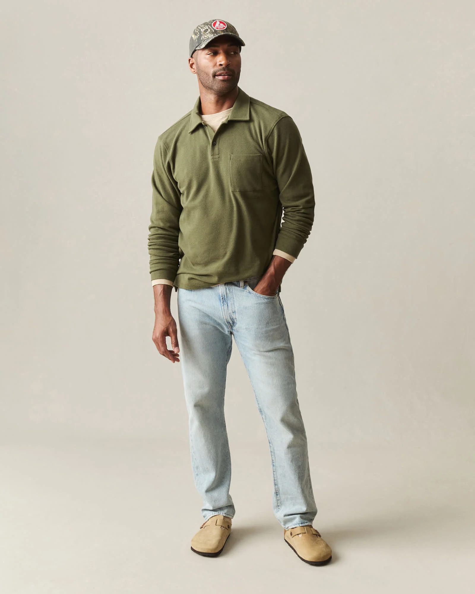 Men's Brushed Long Sleeve Polo - Olive Night Heather - Image 6