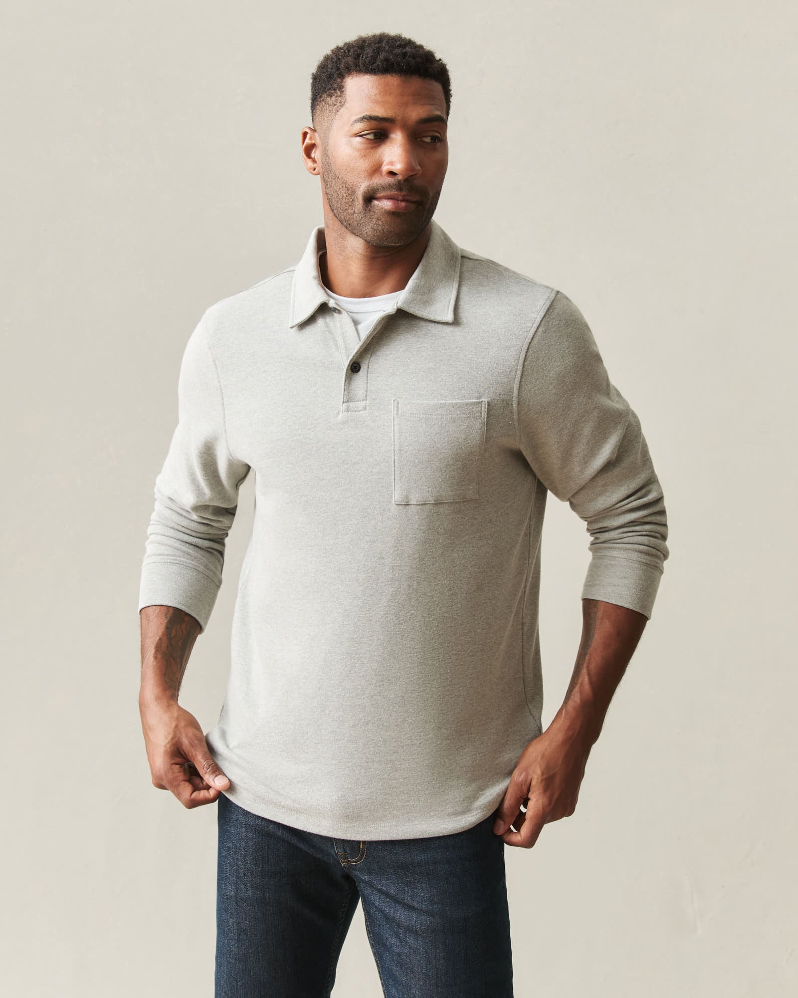 Men's Brushed Long Sleeve Polo - Sand Shell Heather - Image 2
