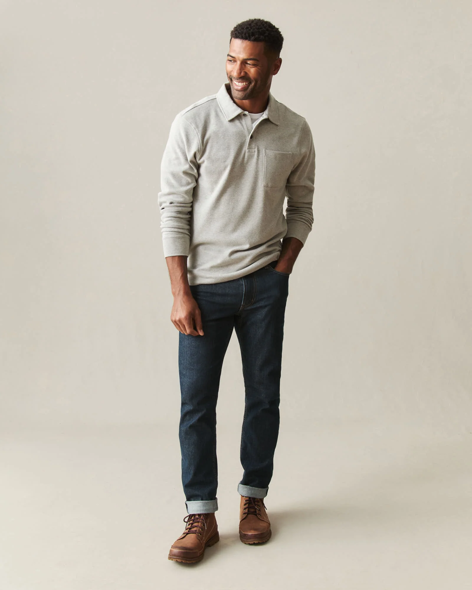 Men's Brushed Long Sleeve Polo - Sand Shell Heather - Image 6