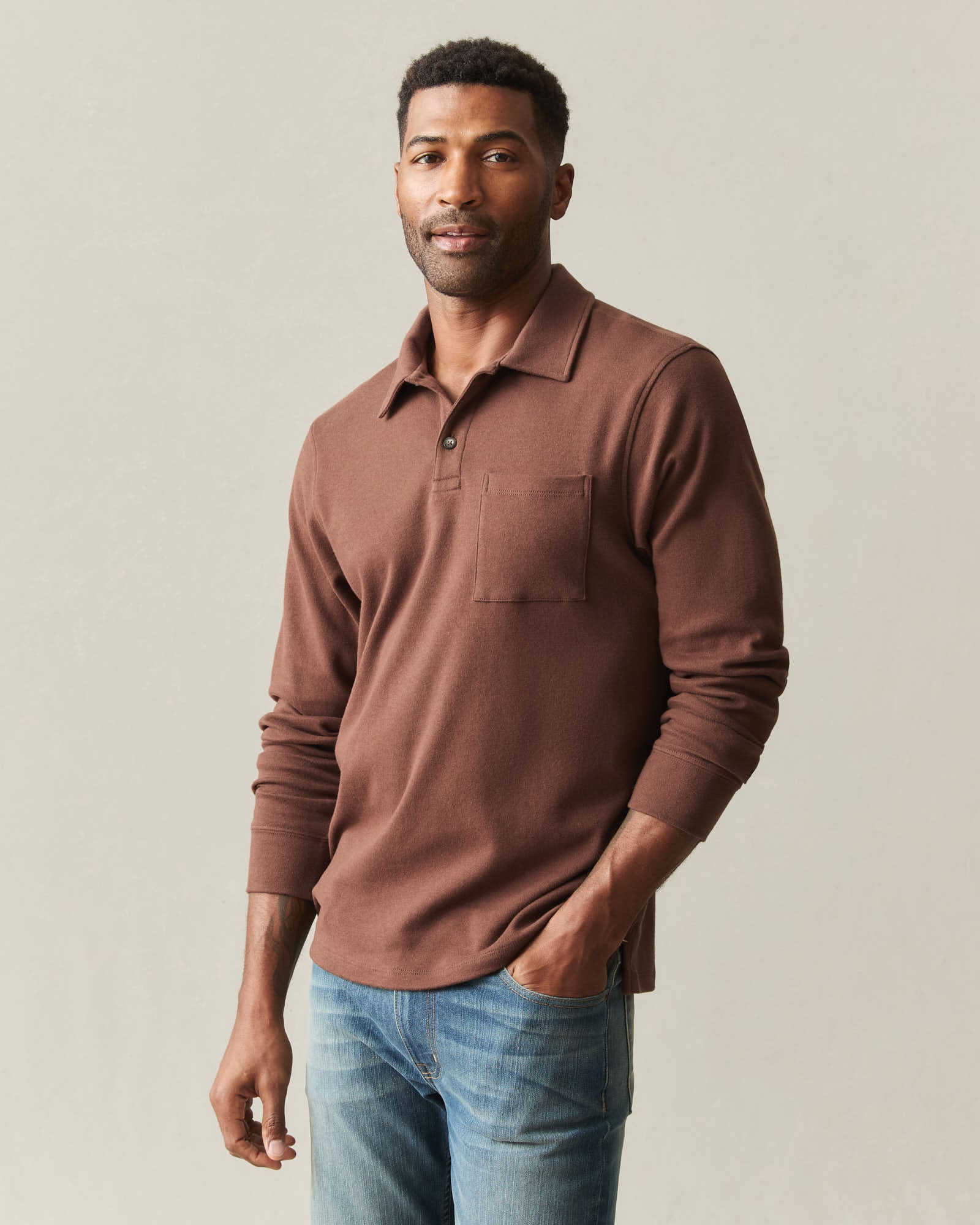 Men's Brushed Long Sleeve Polo - Tiramisu Heather - Image 2