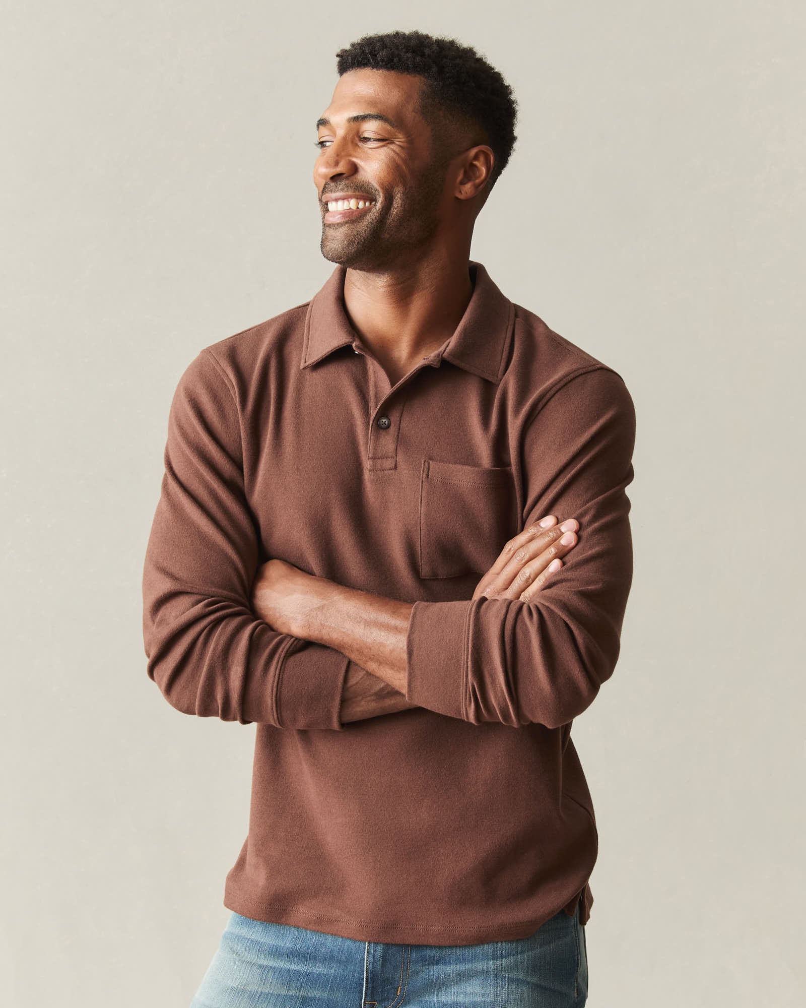 Men's Brushed Long Sleeve Polo - Tiramisu Heather - Image 4
