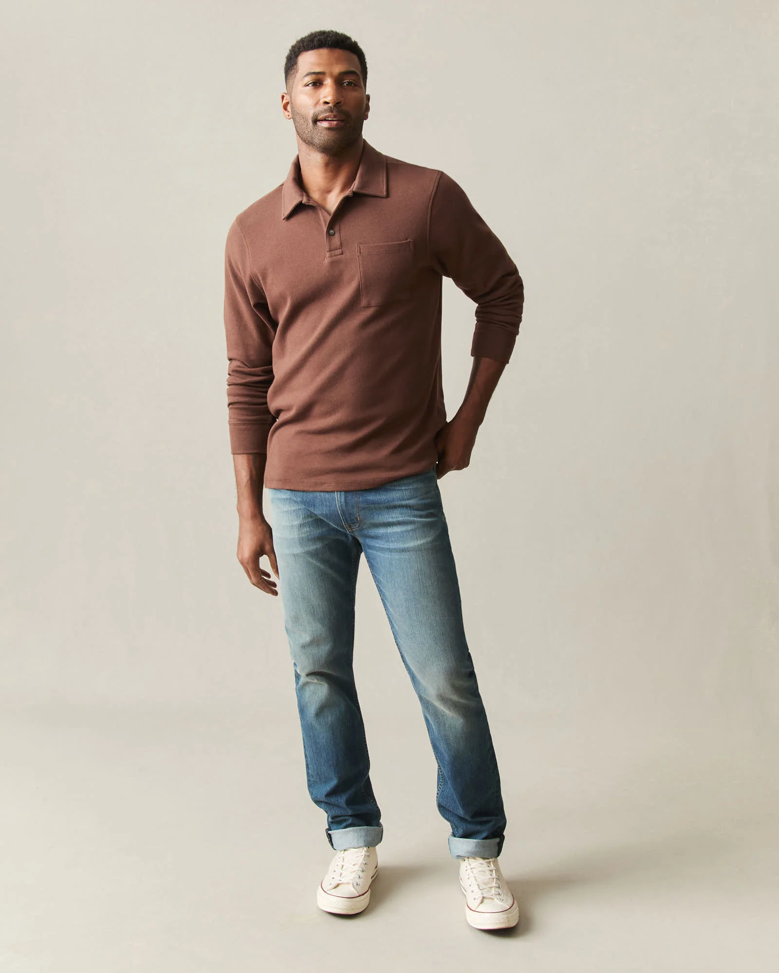 Men's Brushed Long Sleeve Polo - Tiramisu Heather - Image 7