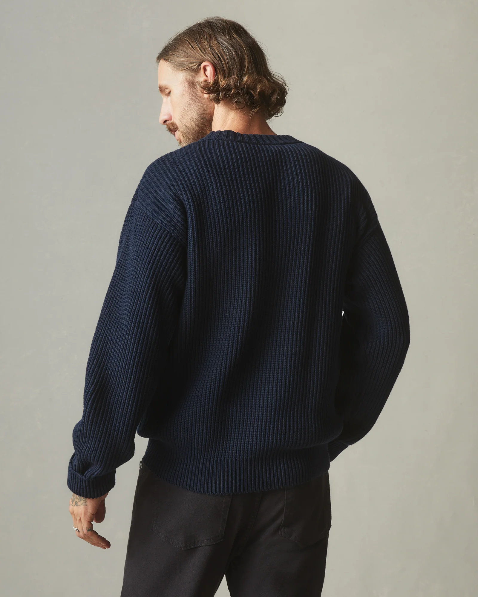 Men's Chunky Cotton Sweater - Dark Navy - Image 3
