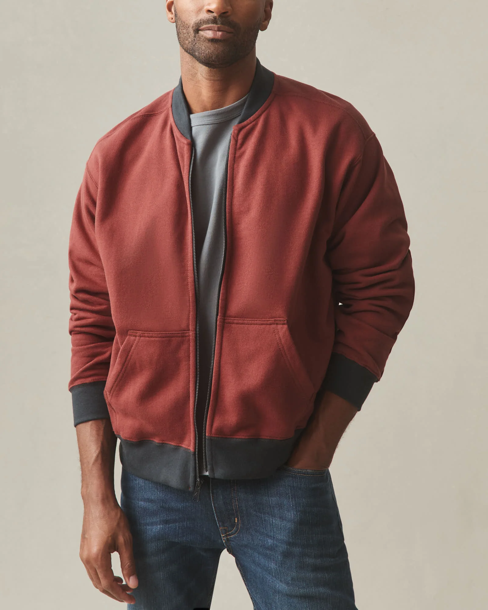 Men's Fleece Bomber Jacket - Russet Brown Black - Image 3