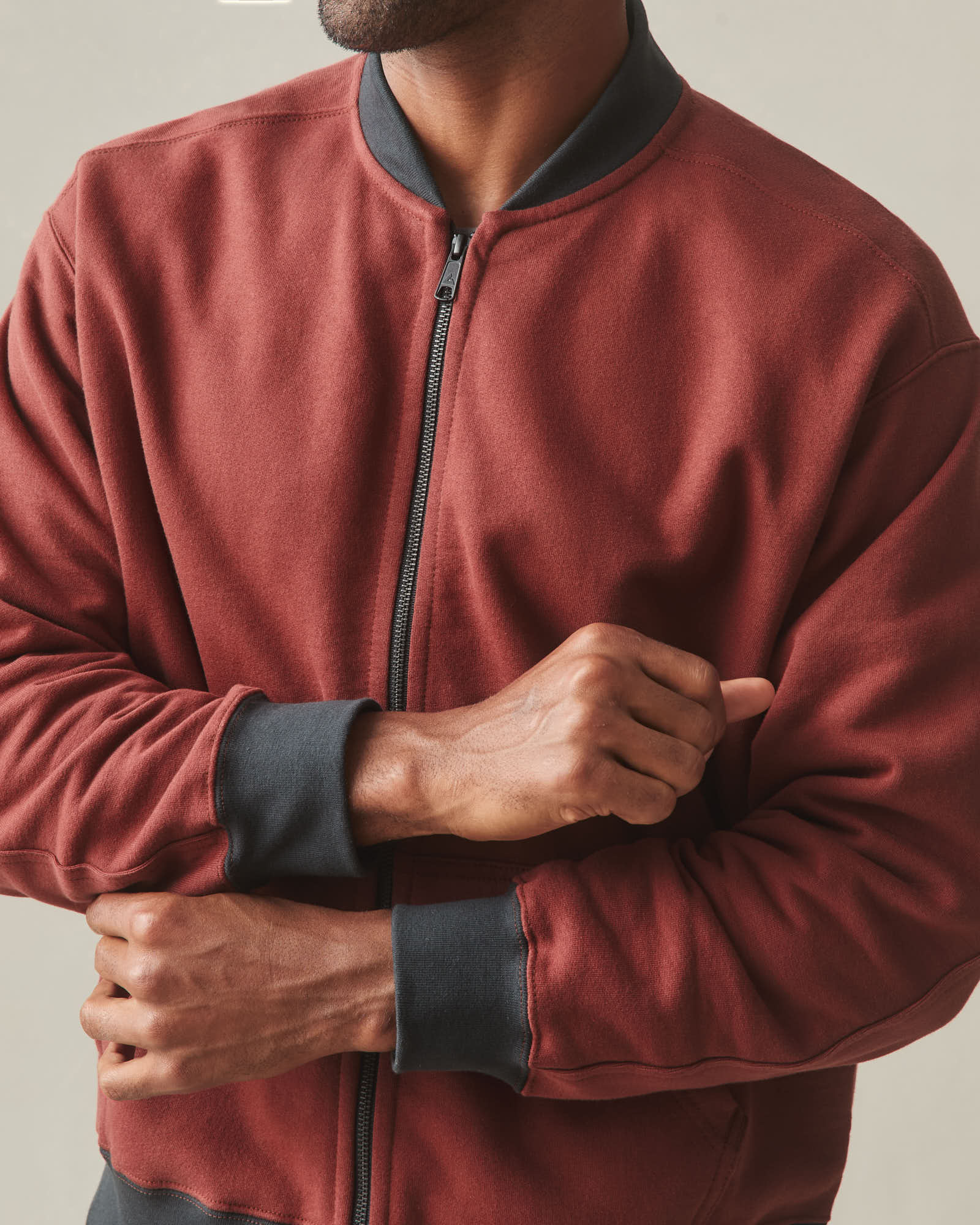 Men's Fleece Bomber Jacket - Russet Brown Black - Image 6