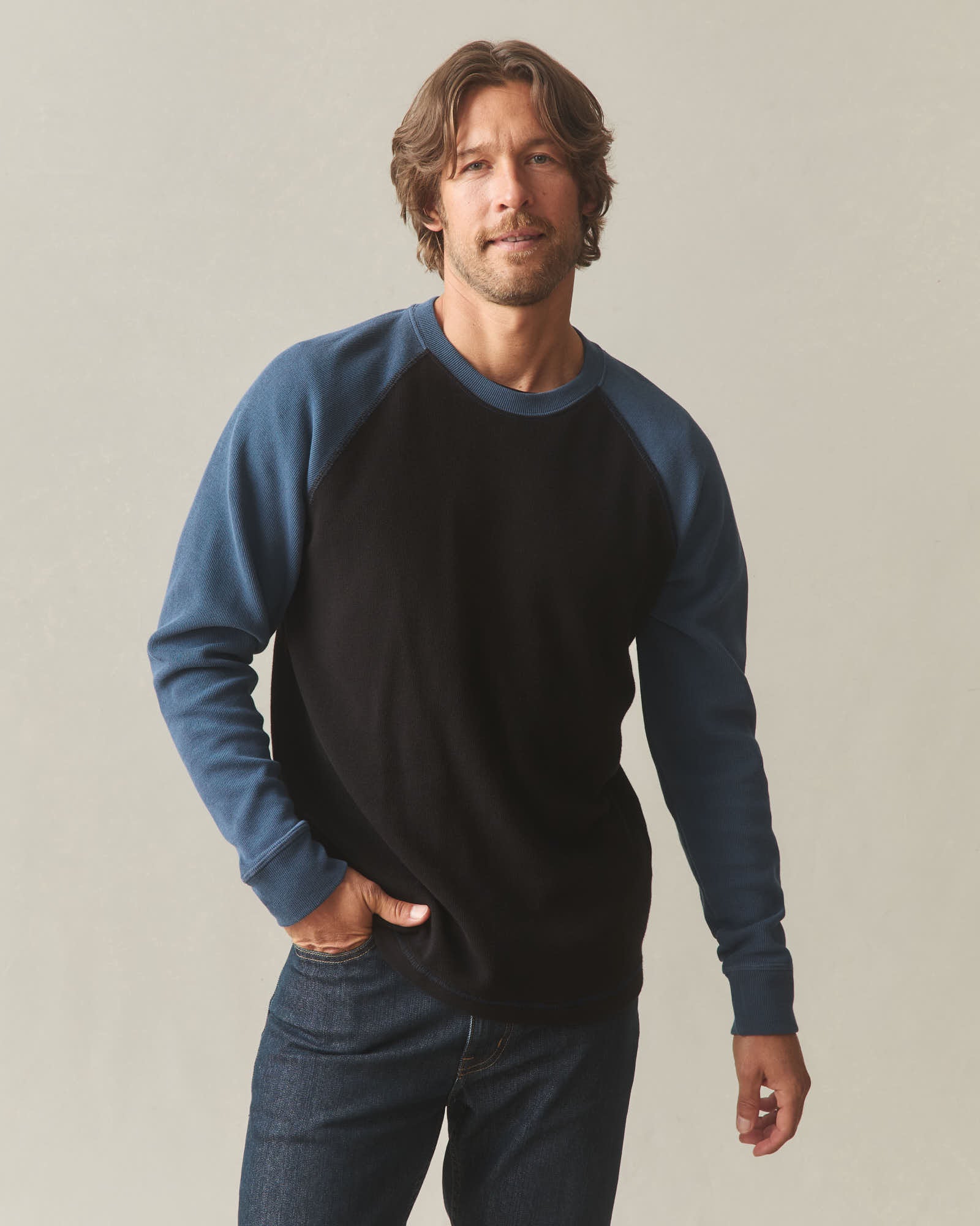 Men's French Rib Raglan Colorblock - Black Dark Denim - Image 2
