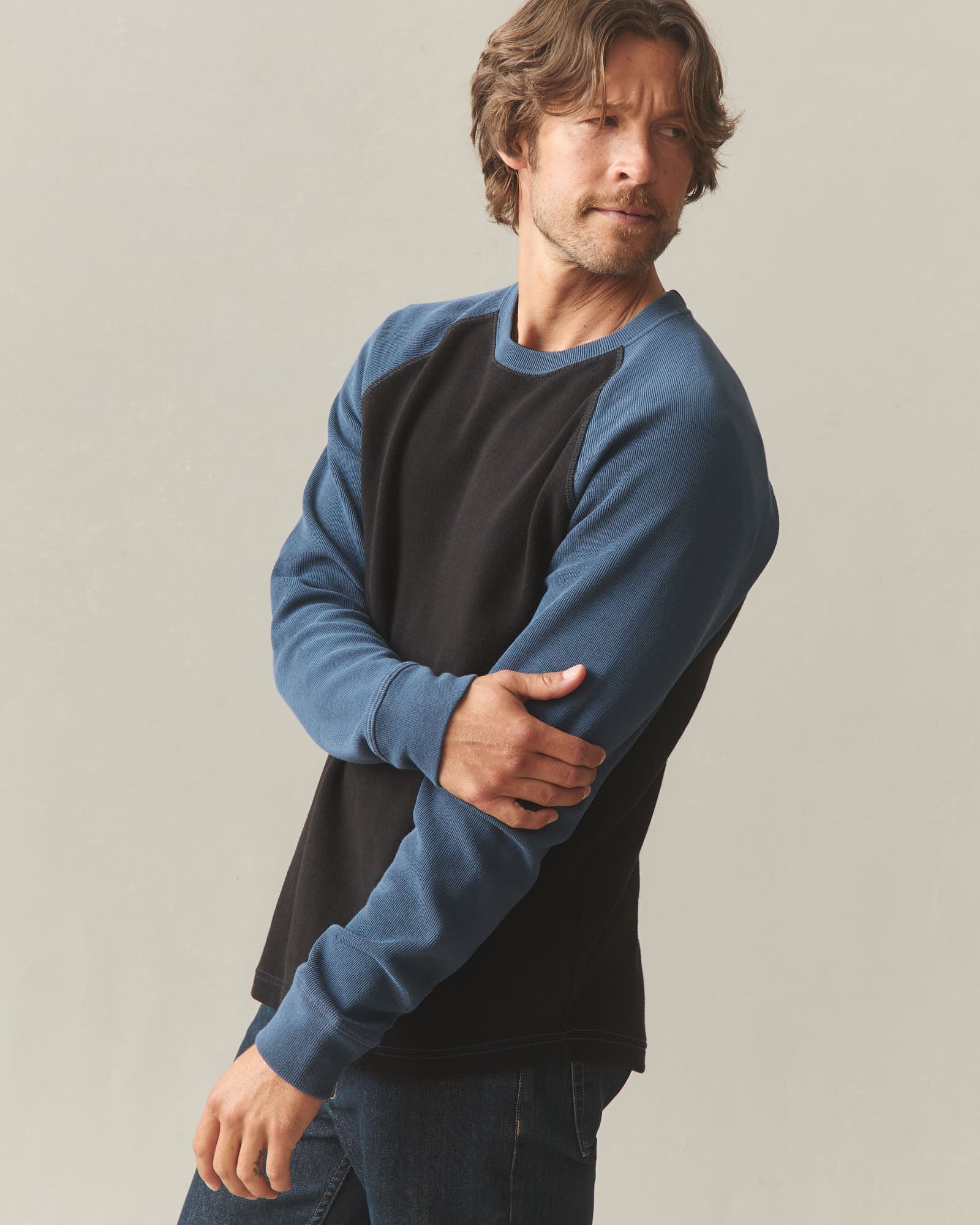 Men's French Rib Raglan Colorblock - Black Dark Denim - Image 3