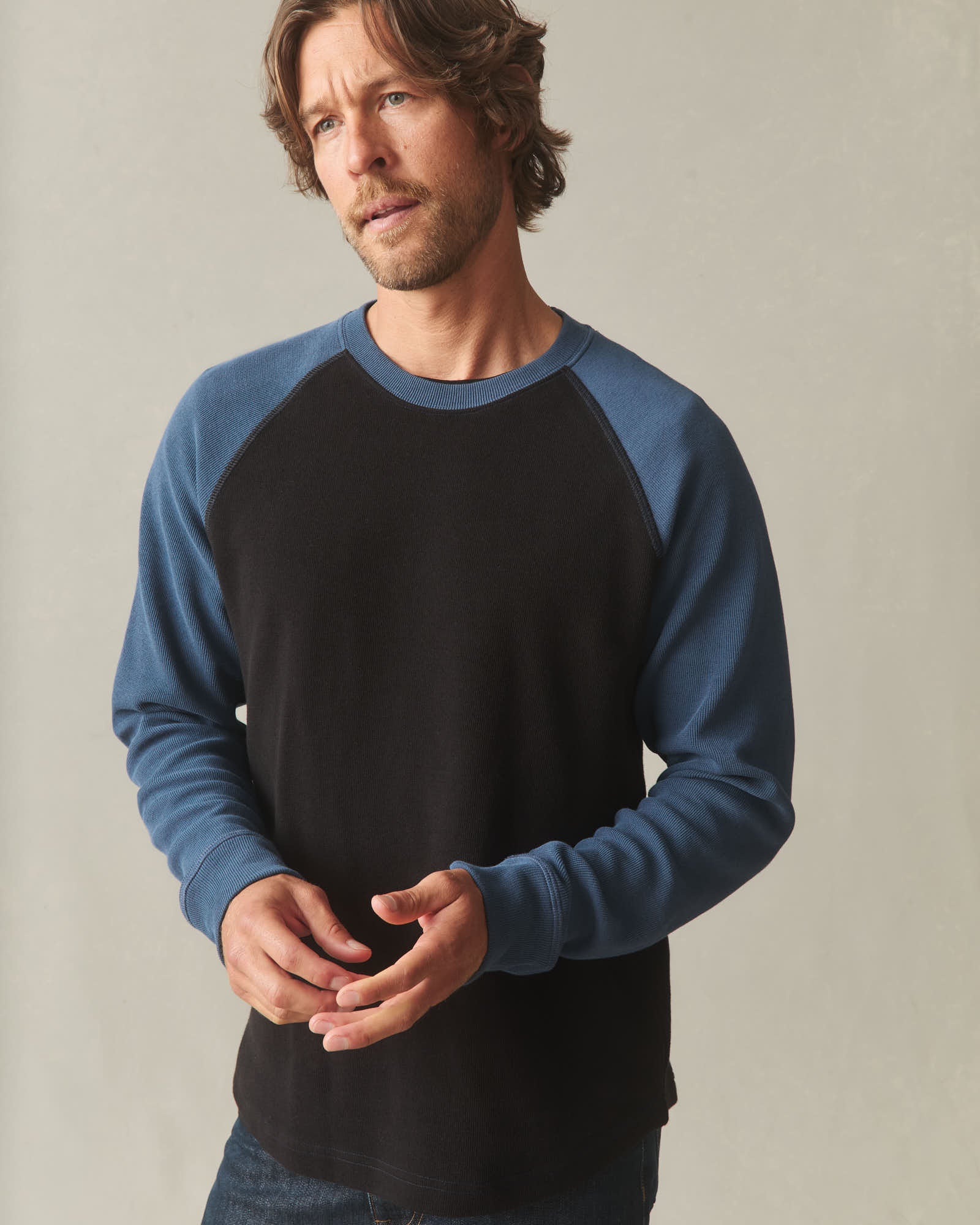 Men's French Rib Raglan Colorblock - Black Dark Denim - Image 5