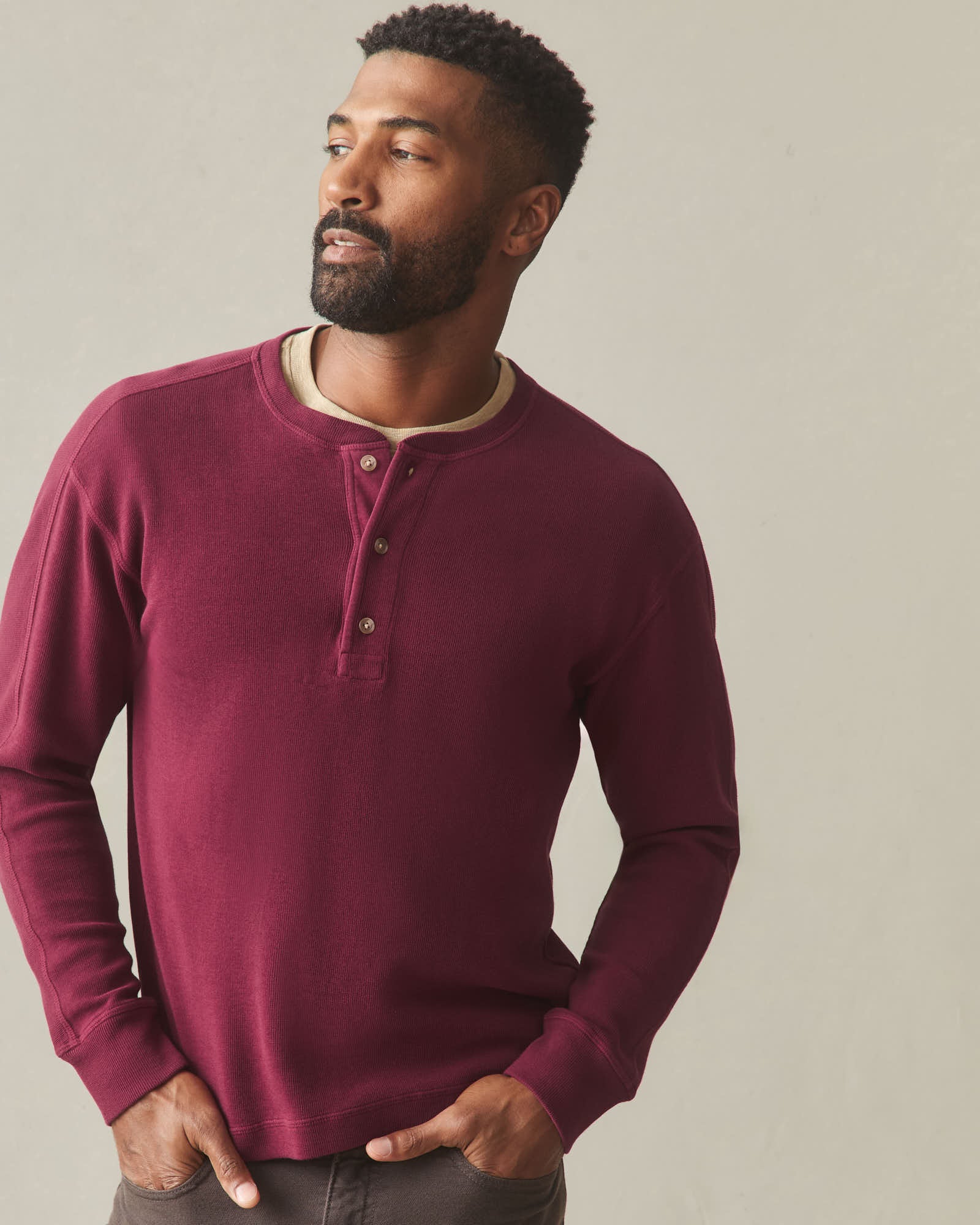 Men's French Rib Henley - Pomegranate - Image 2