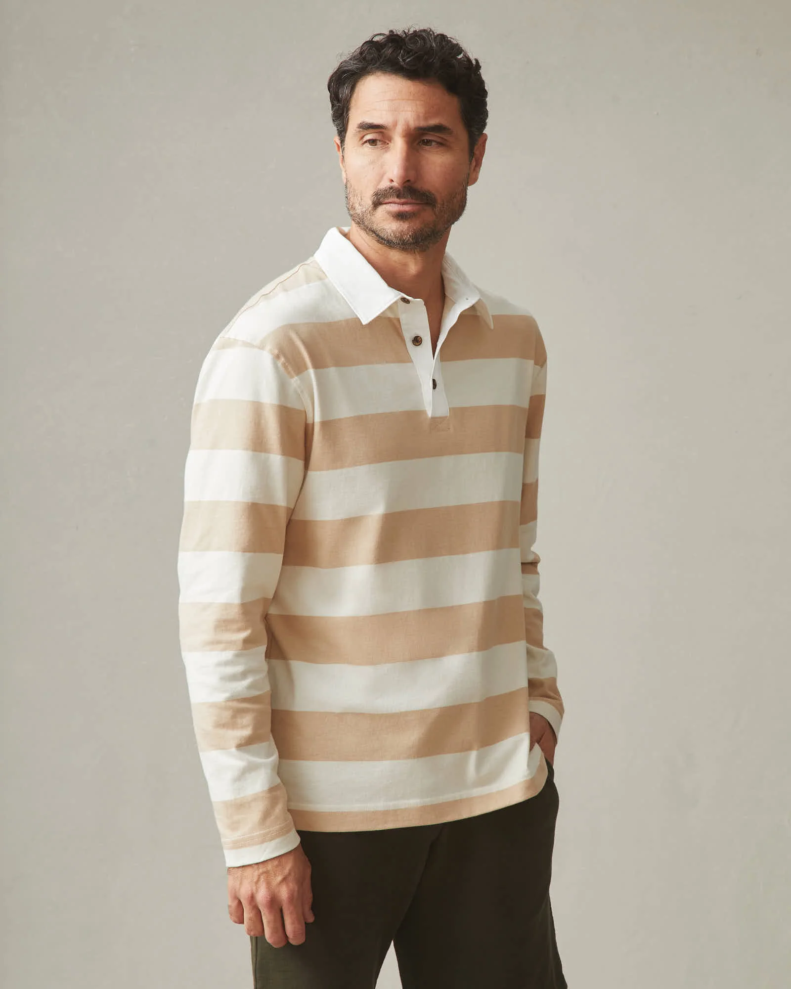 Men's Rugby Shirt - Khaki Stripe - Image 2