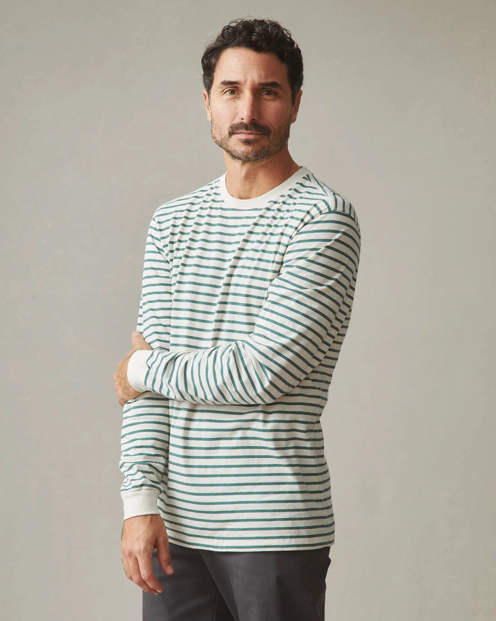 Men's Standard Crew Long Sleeve Tee - Sagebrush Green Stripe - Image 2