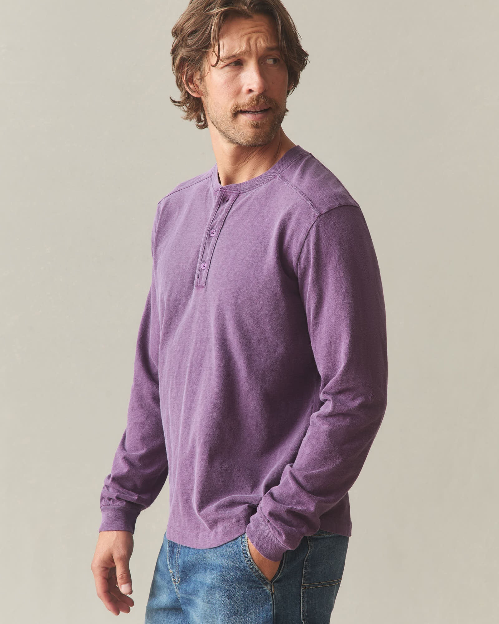 Men's Broken-In Premium Slub Long Sleeve Henley - Deep Purple - Image 3