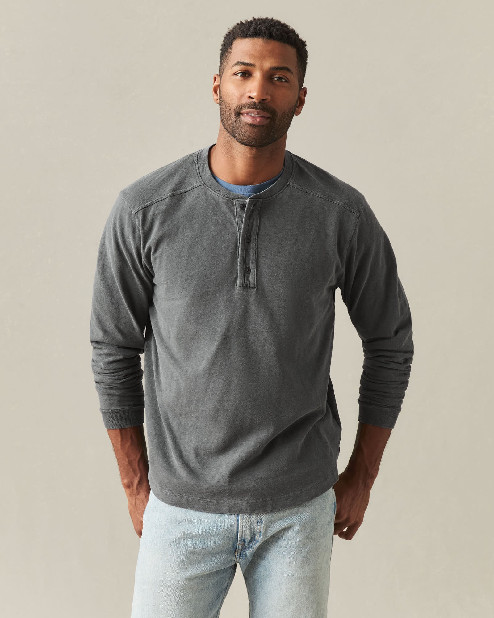 Men's Broken-In Premium Slub Long Sleeve Henley - Grey Pinstripe - Image 2
