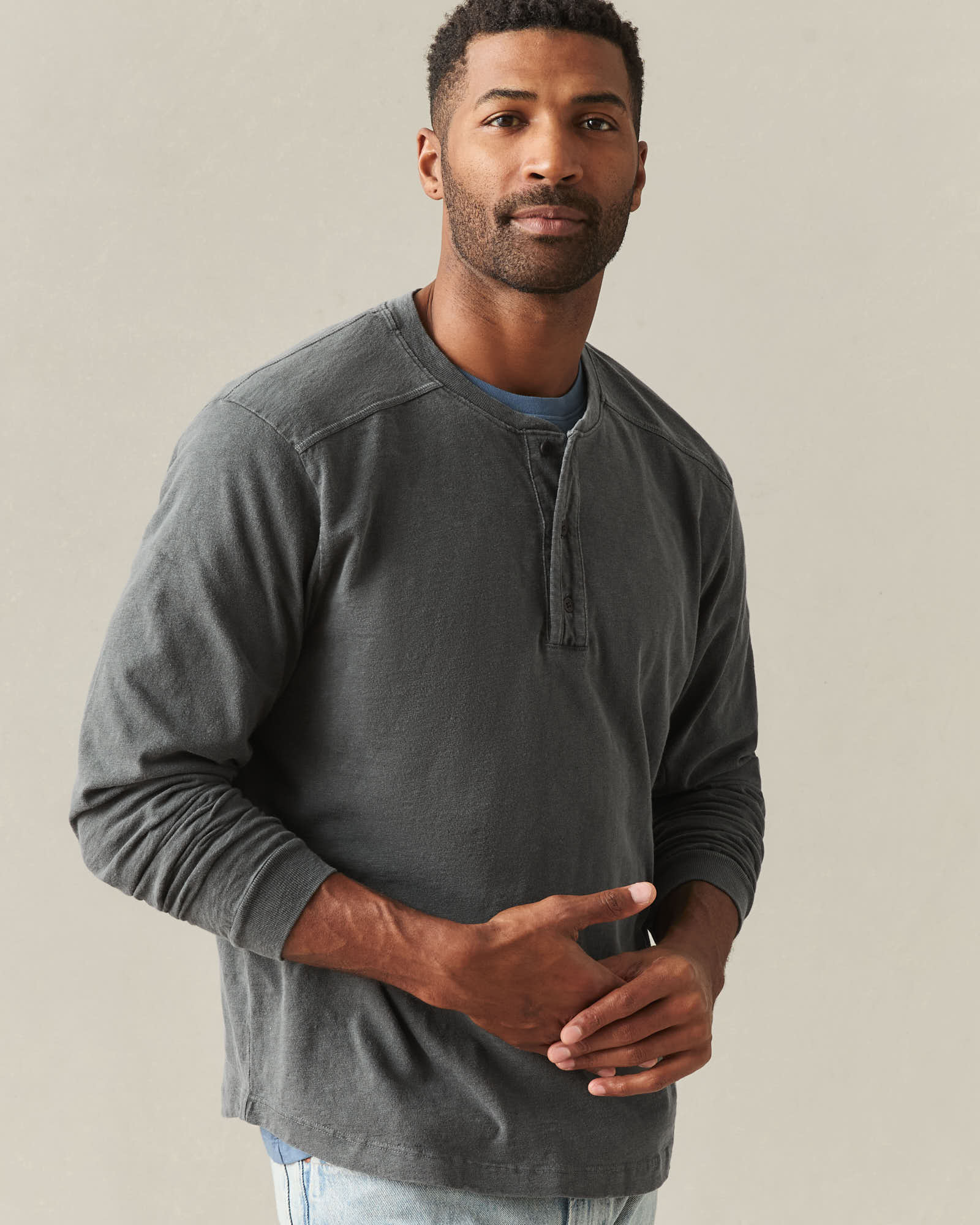 Men's Broken-In Premium Slub Long Sleeve Henley - Grey Pinstripe - Image 3