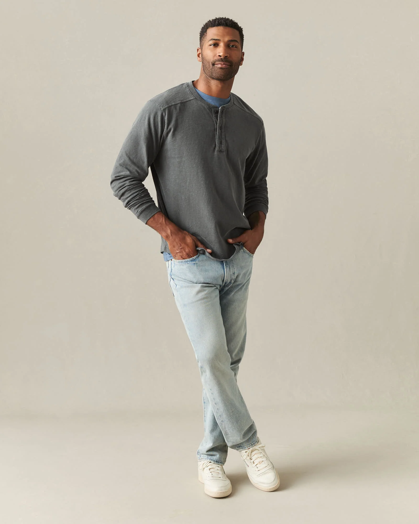 Men's Broken-In Premium Slub Long Sleeve Henley - Grey Pinstripe - Image 7