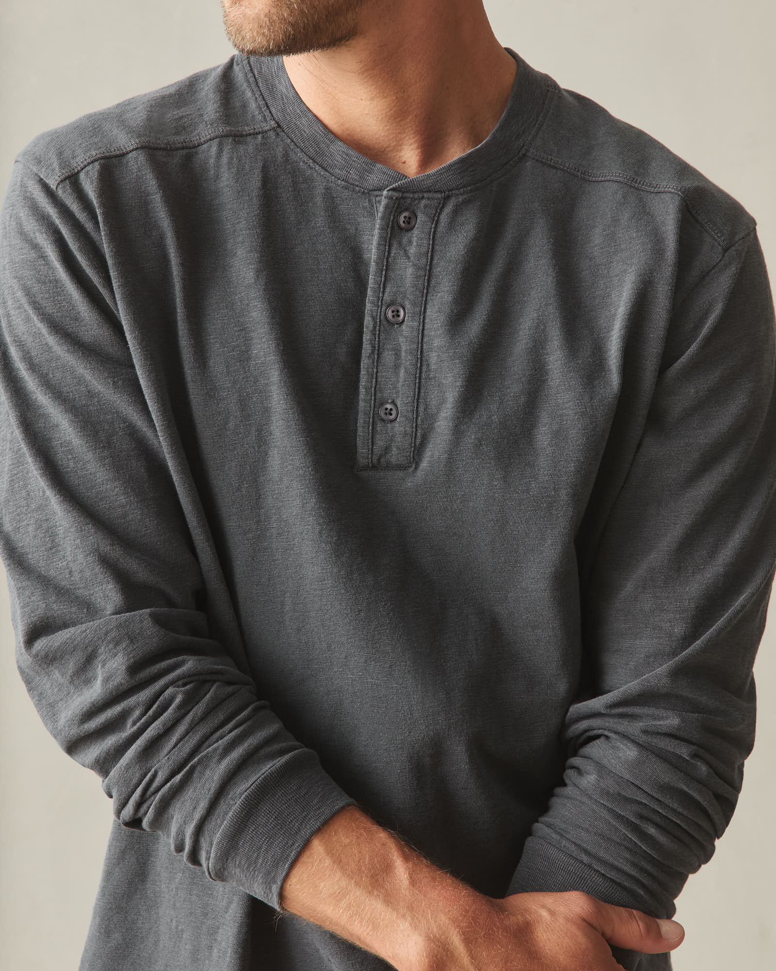 Men's Broken-In Premium Slub Long Sleeve Henley - Washed Black - Image 3