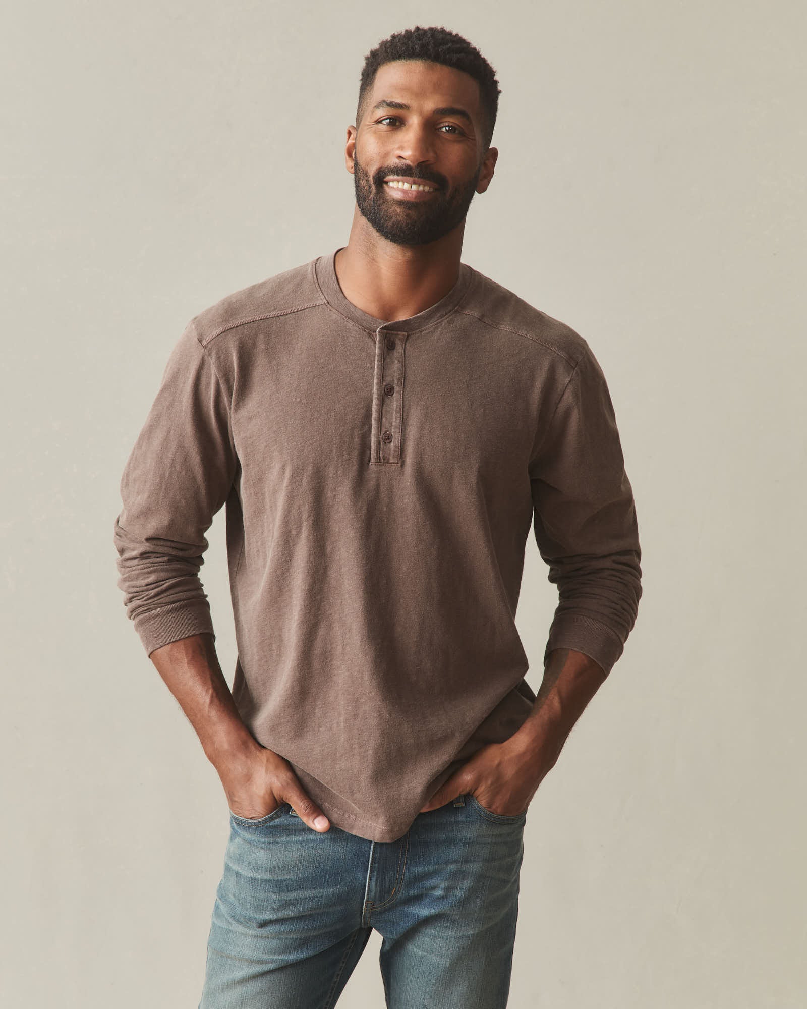 Men's Broken-In Premium Slub Long Sleeve Henley - Washed Coffee Quartz - Image 2