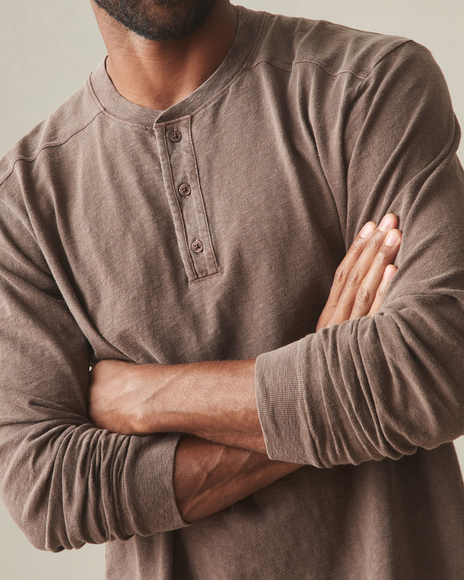 Men's Broken-In Premium Slub Long Sleeve Henley - Washed Coffee Quartz - Image 5