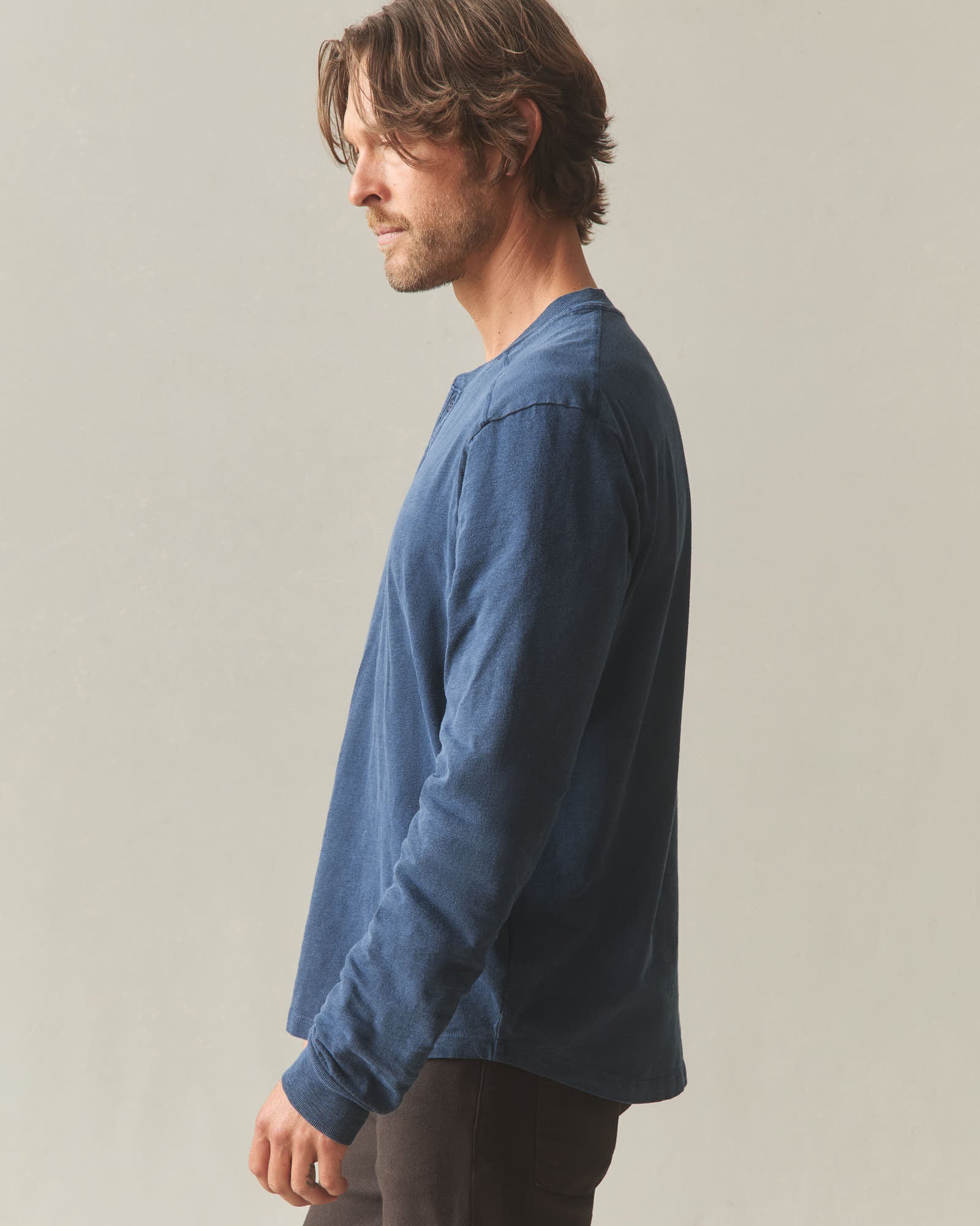 Men's broken-In Premium Slub Long Sleeve Henley - Washed Marine Navy - Image 3