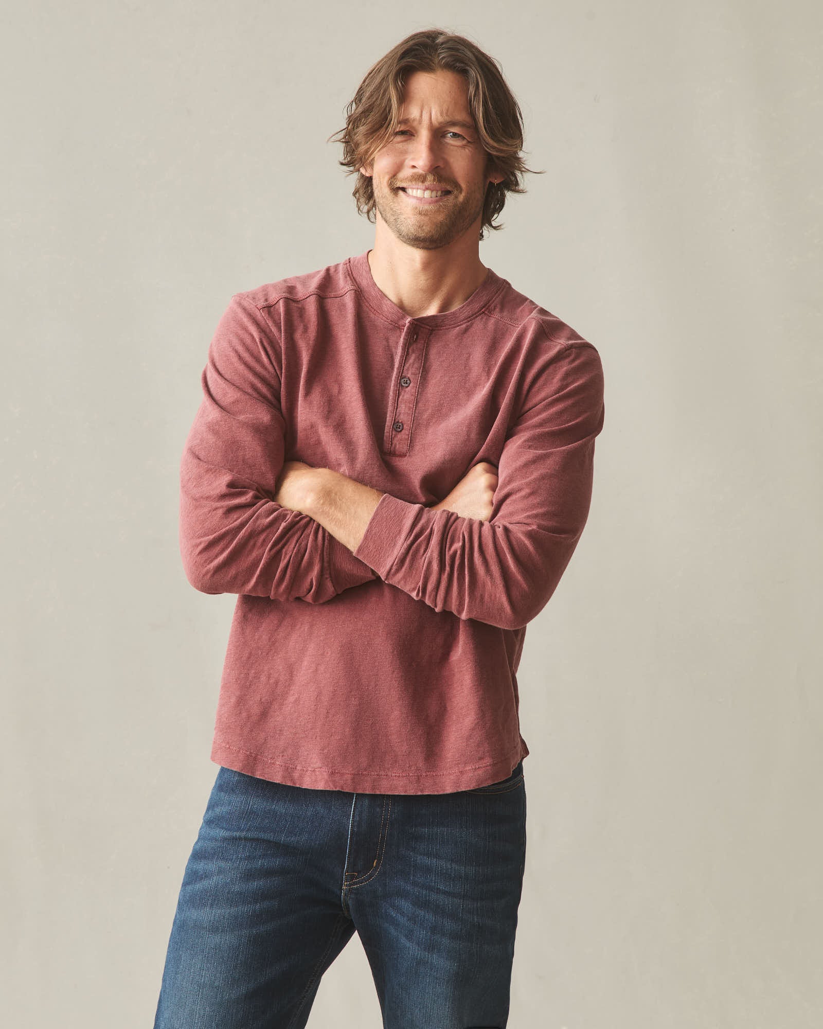 Men's Broken-In Premium Slub Long Sleeve Henley - Washed Redwood - Image 4