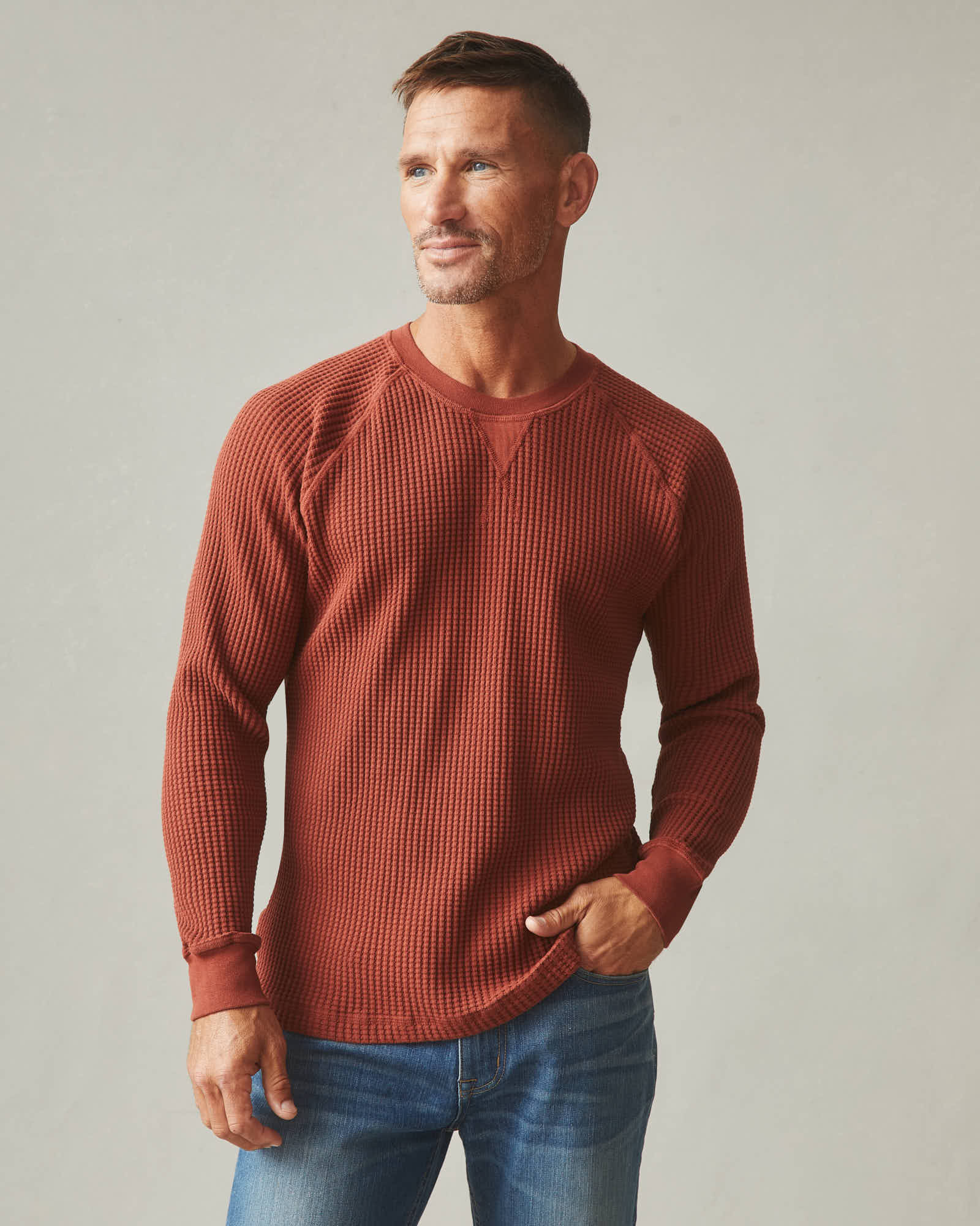 Men's Waffle Crew Long Sleeve - Smoked Paprika - Image 2