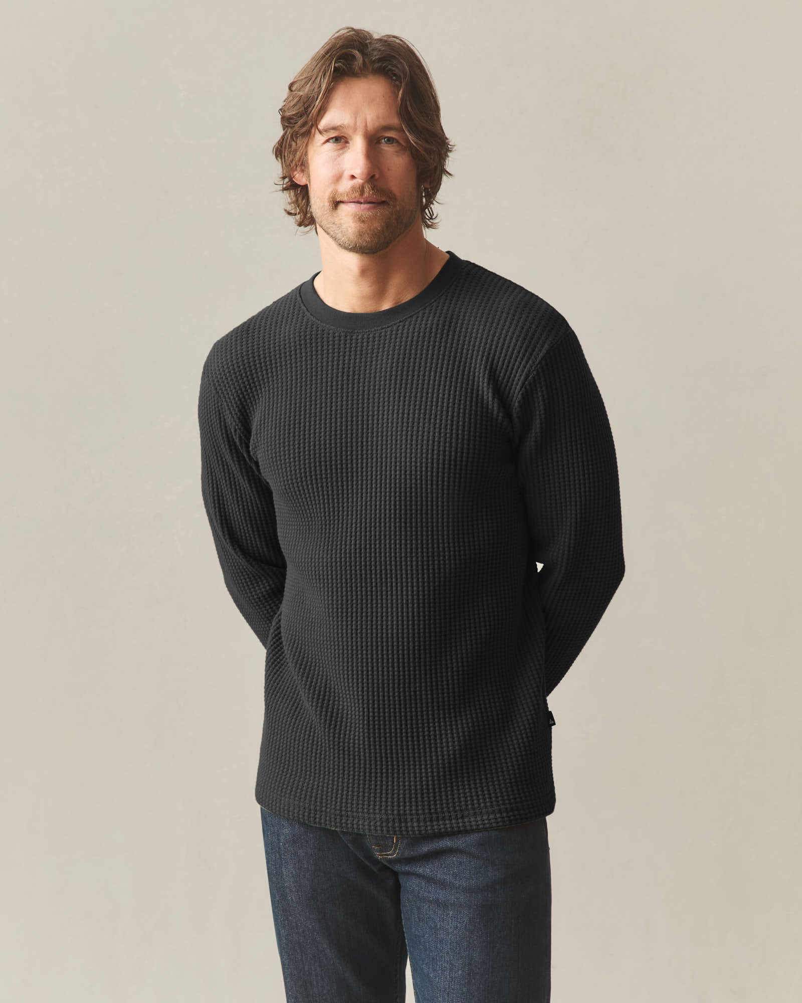 Men's Waffle Long Sleeve Crew - Black - Image 2