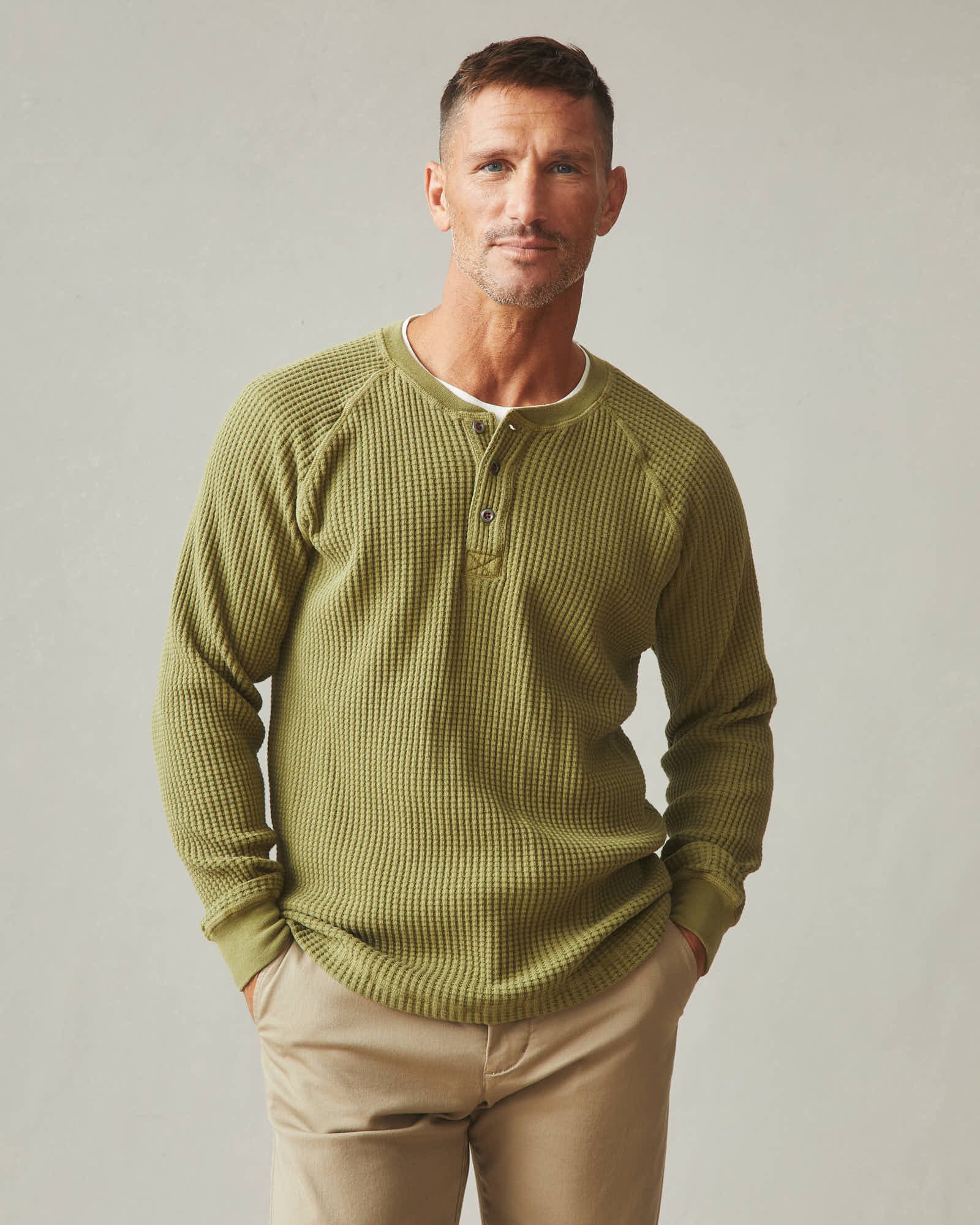 Men's Waffle Long Sleeve Henley - Capulet Olive - Image 2