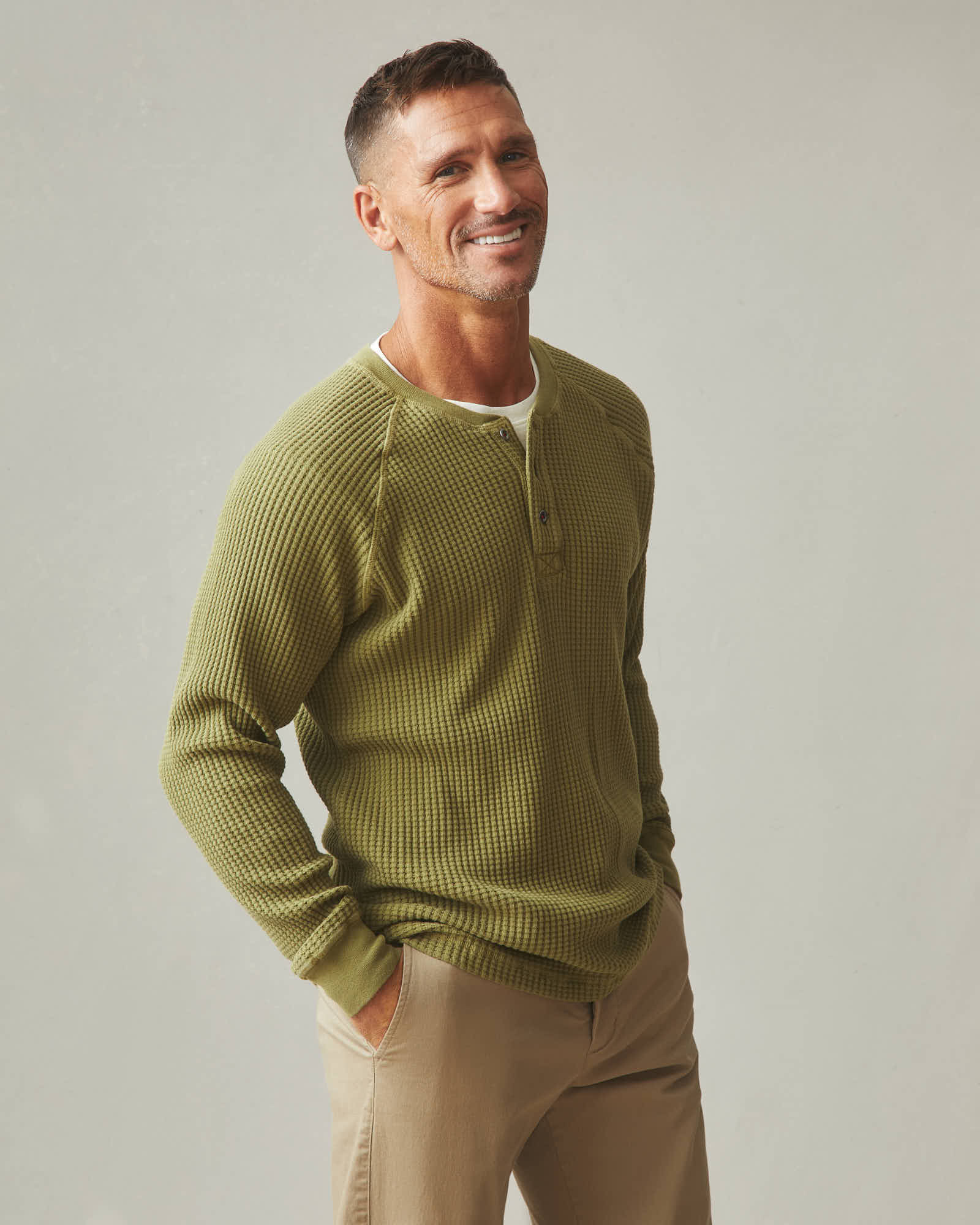 Men's Waffle Long Sleeve Henley - Capulet Olive - Image 3