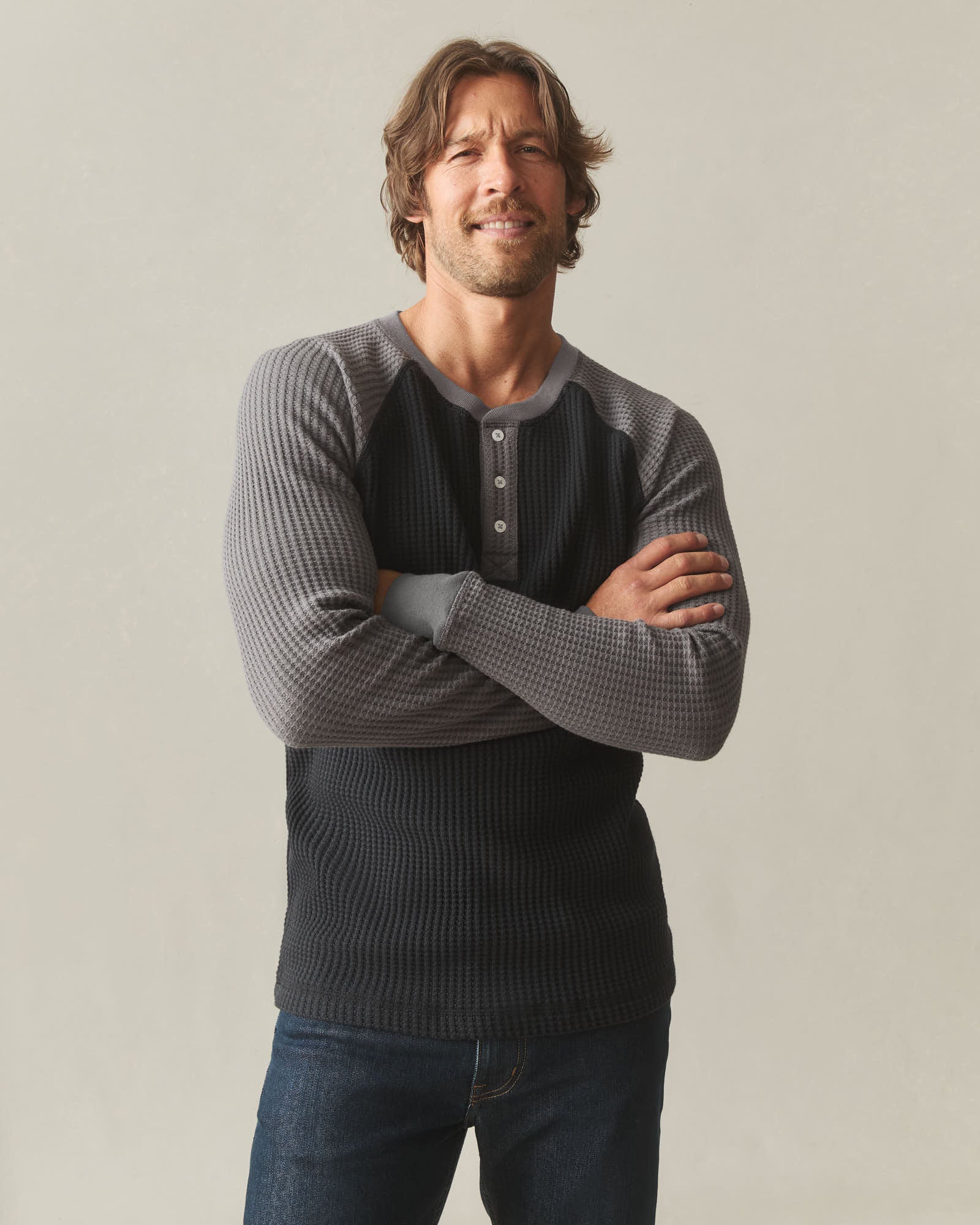 Men's Colorblock Waffle Long Sleeve Henley - Black Thunderstorm - Image 2