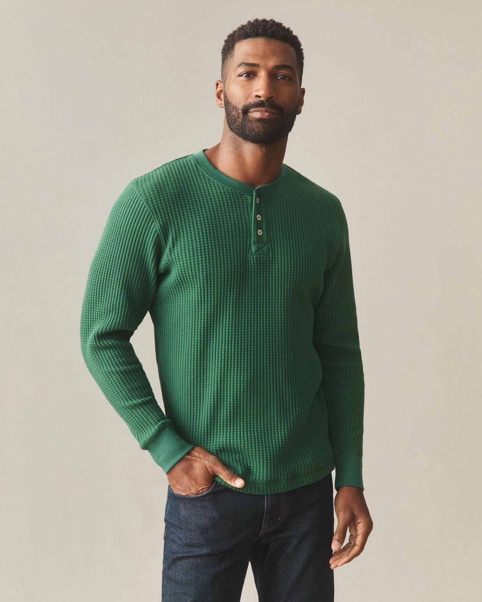 Men's Waffle Long Sleeve Henley - Hunter Green - Image 2