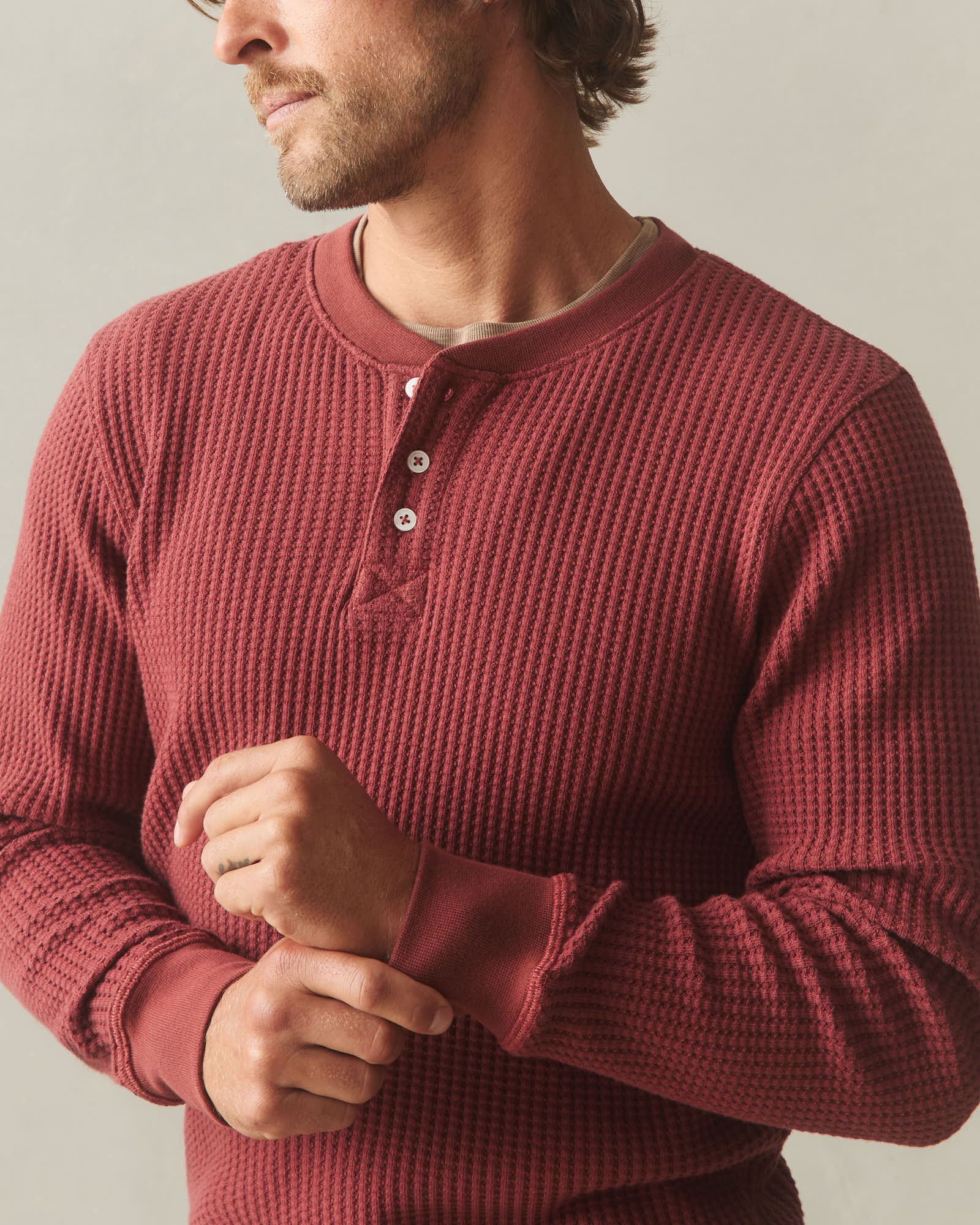 Men's Waffle Long Sleeve Henley - Spiced Apple - Image 3