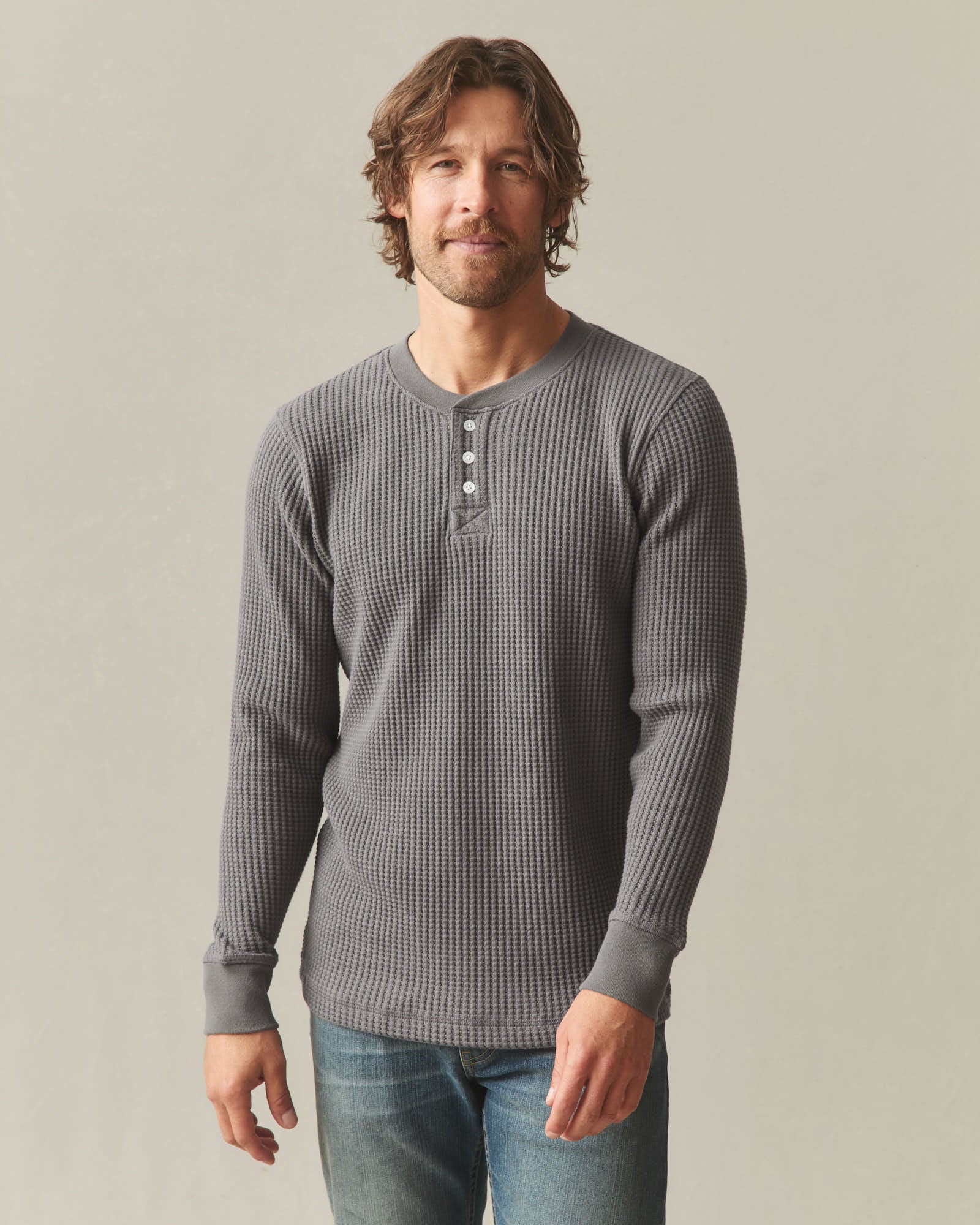 Men's Waffle Long Sleeve Henley - Thunderstorm - Image 2