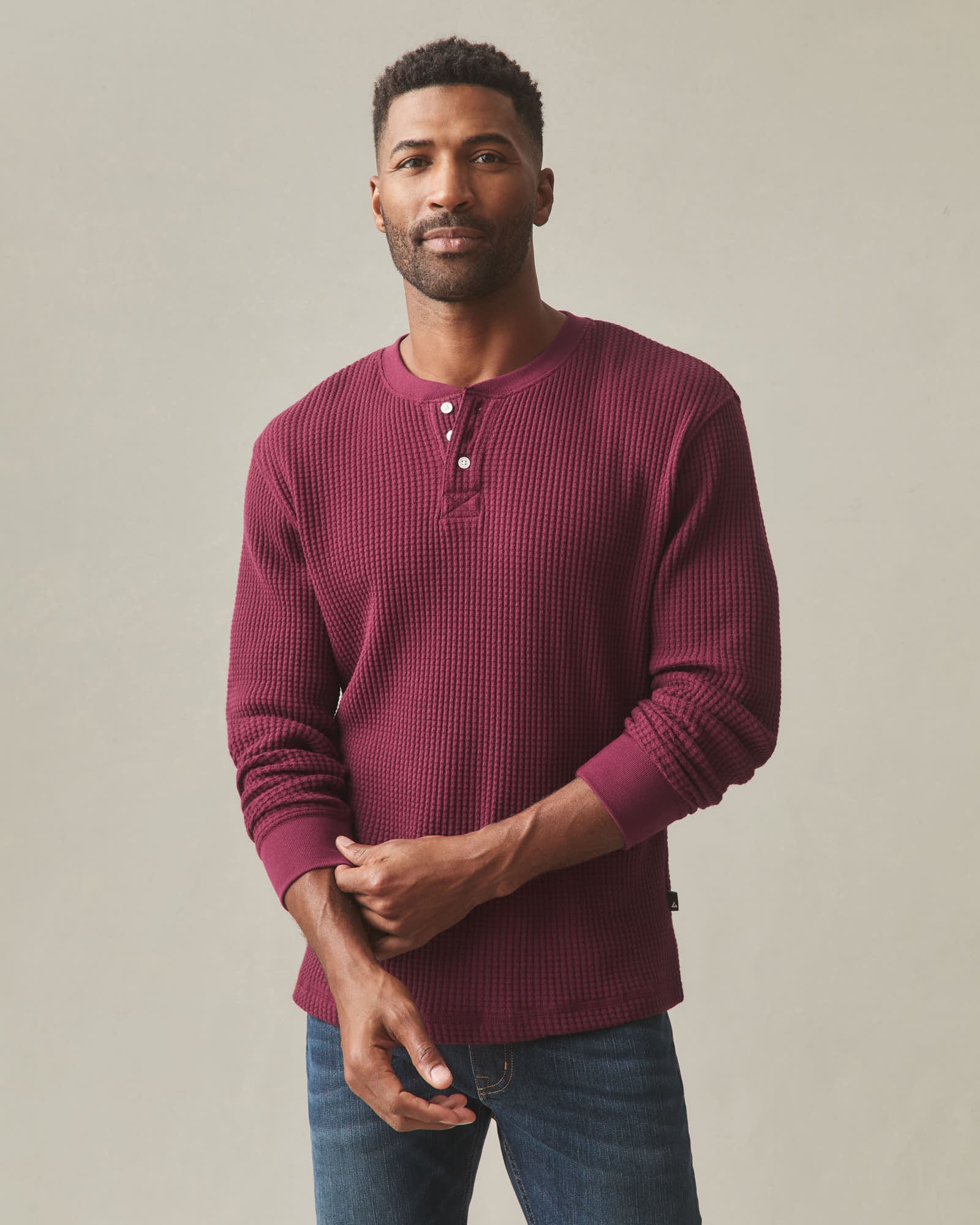 Men's Waffle Long Sleeve Henley - Zinfandel - Image 2