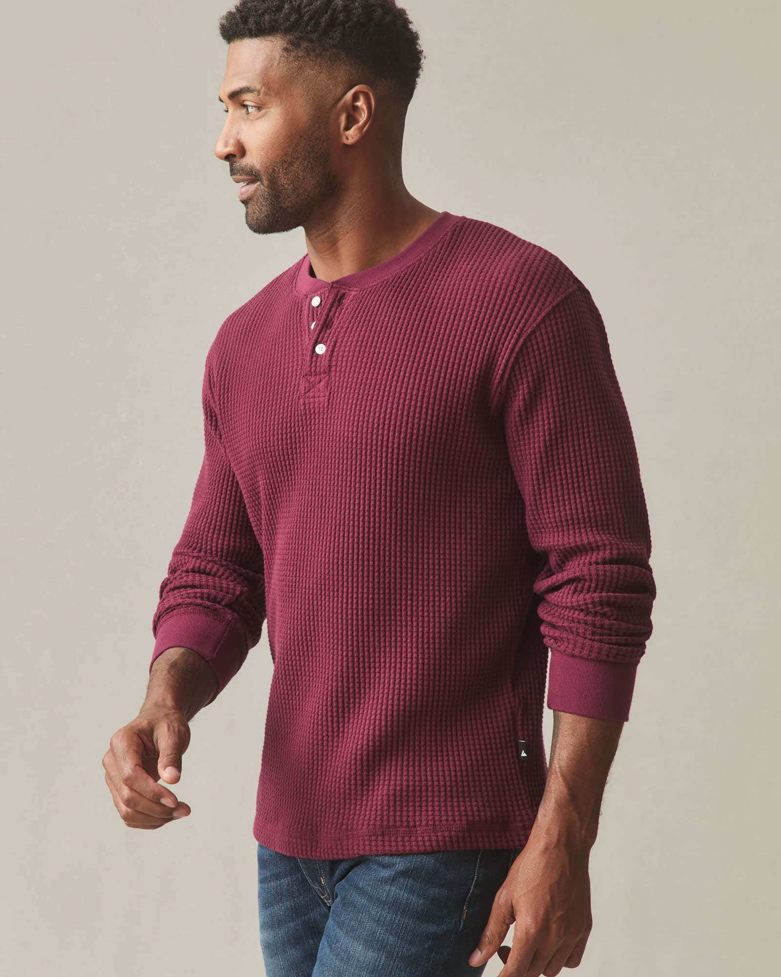 Men's Waffle Long Sleeve Henley - Zinfandel - Image 3