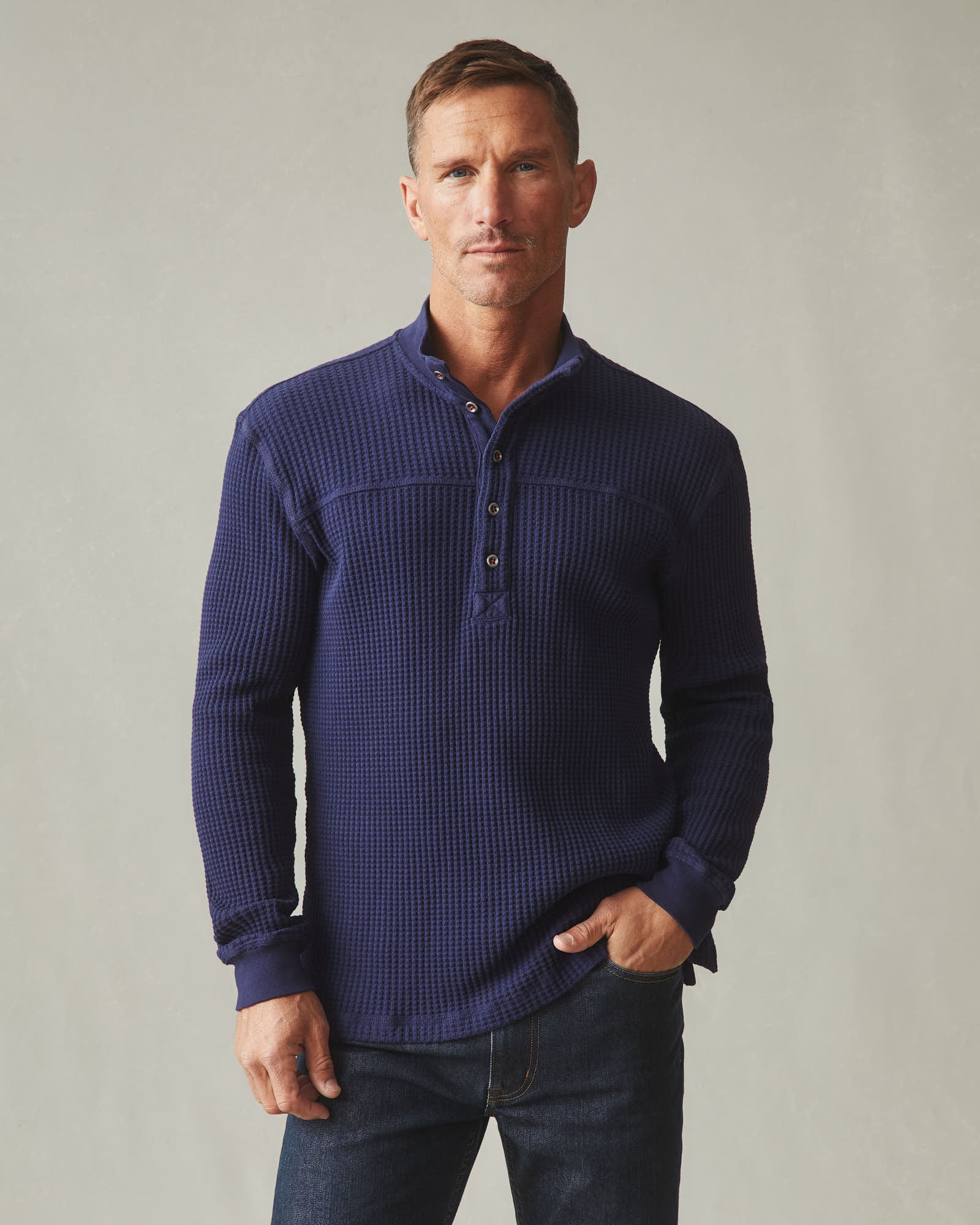 Men's Waffle Yoke Henley Tee - Blue Shadow - Image 2
