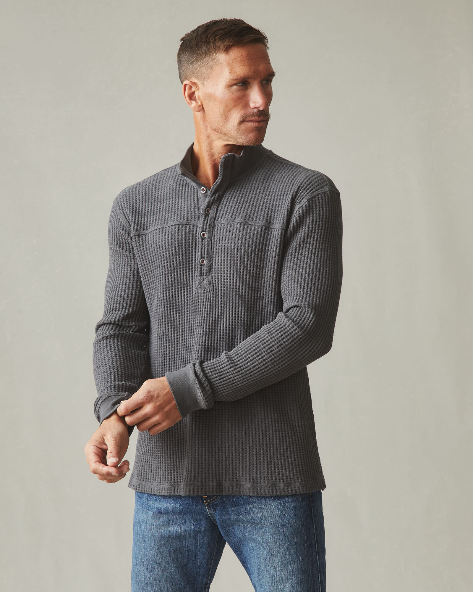 Men's Waffle Yoke Henley Tee - Dark Charcoal - Image 2