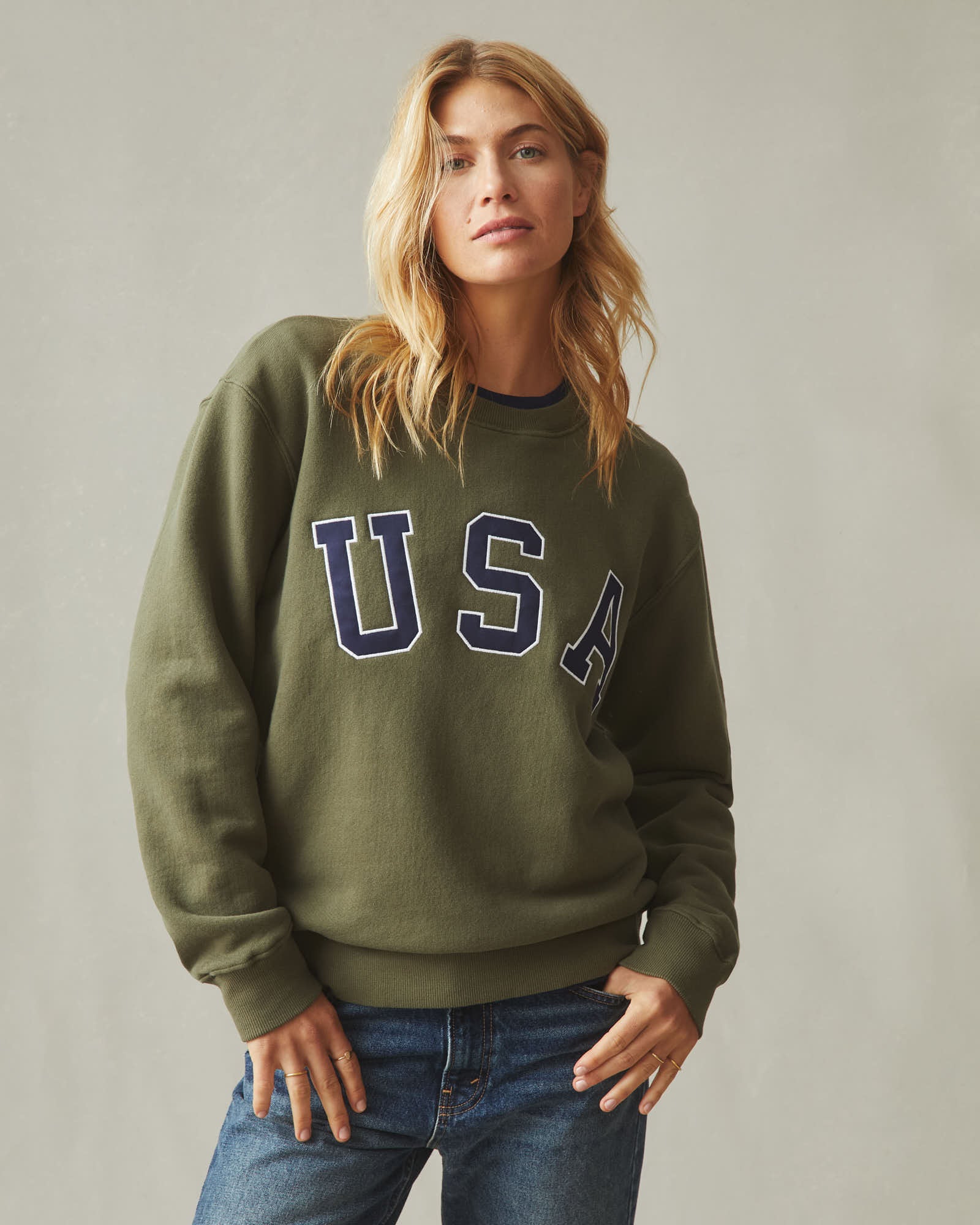 Unisex Relaxed French Terry USA Crew - Olive - Image 3