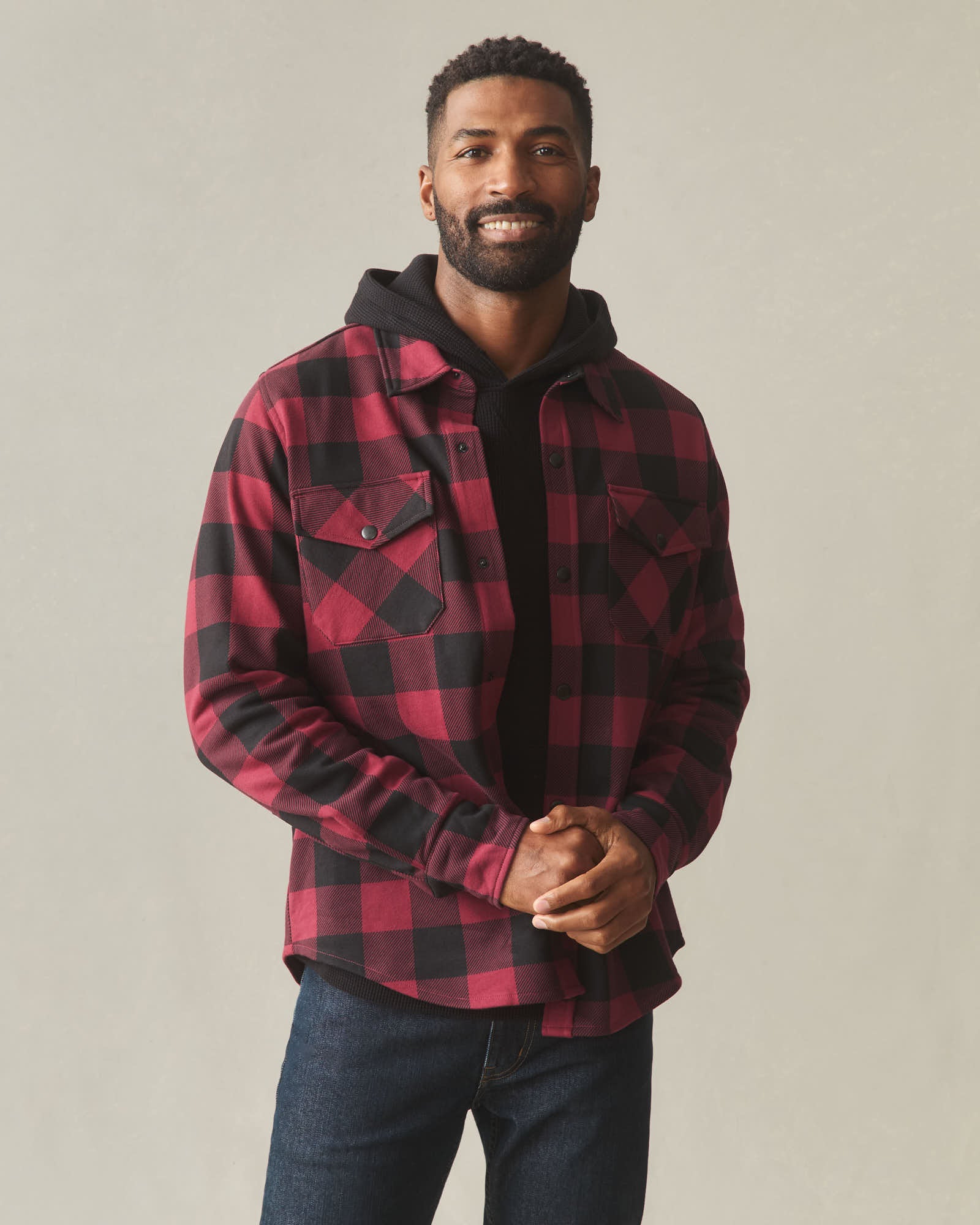 Unisex Redwood Fleece Overshirt - Bonfire Red Plaid - Image 2