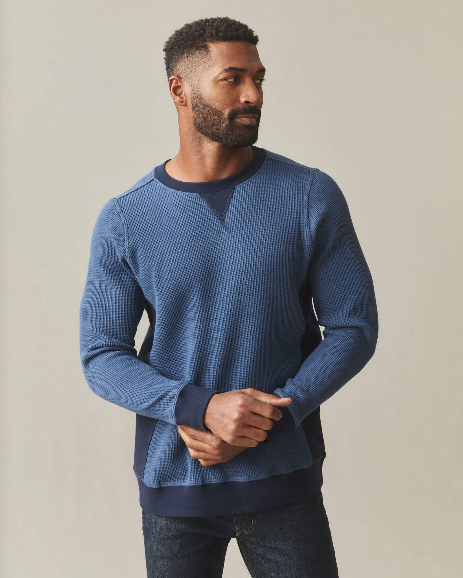 Men's Colorblock Summit Waffle Long Sleeve Crew - Marine Navy Oxford Blue - Image 2