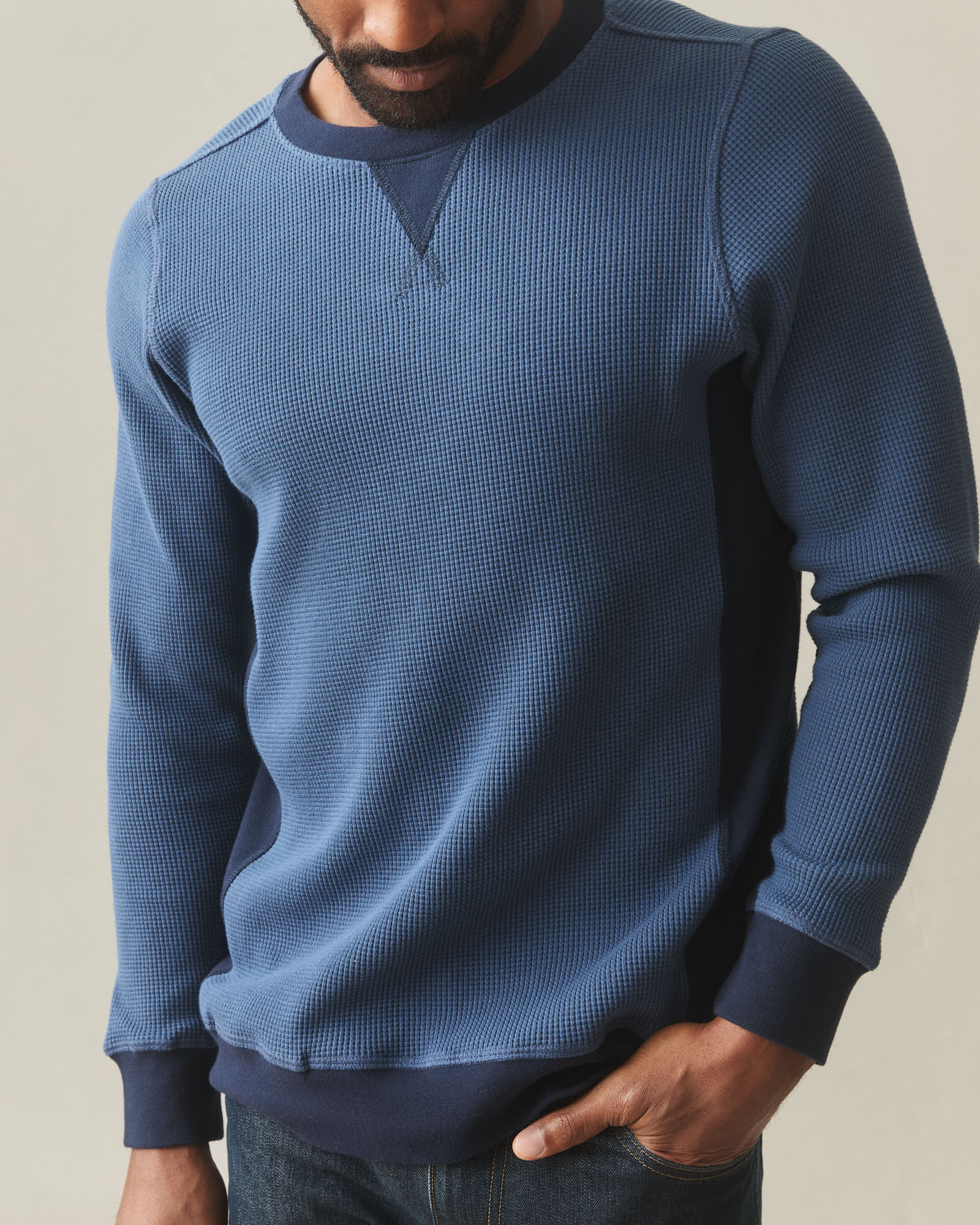 Men's Colorblock Summit Waffle Long Sleeve Crew - Marine Navy Oxford Blue - Image 3