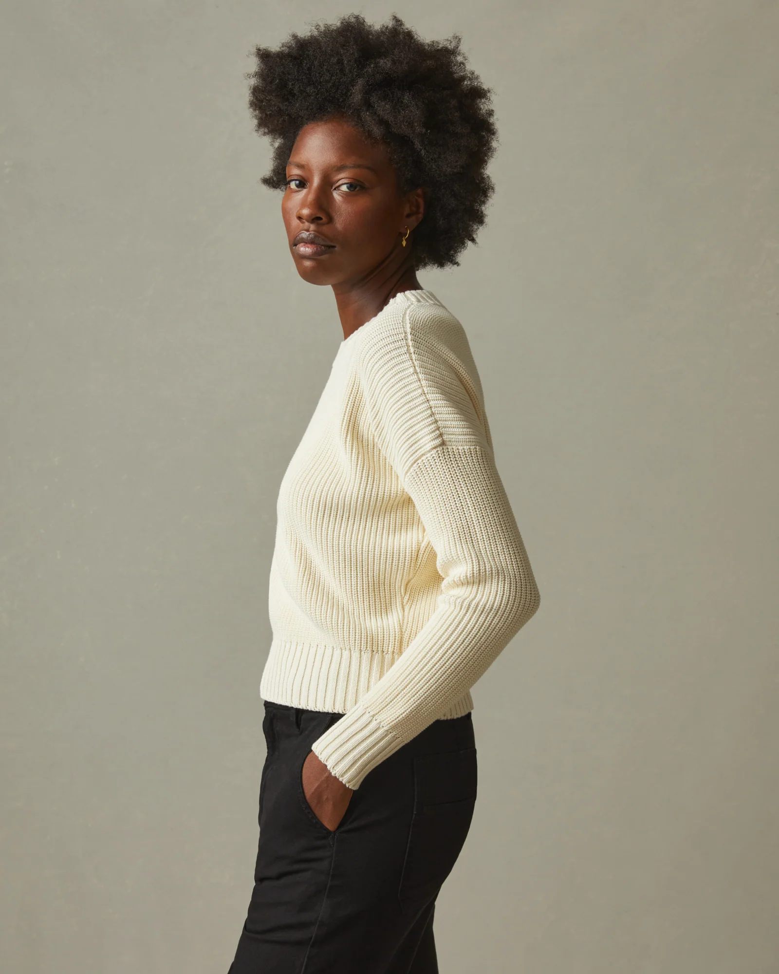 Women's Chunky Cotton Crew Sweater - Creme - Image 2