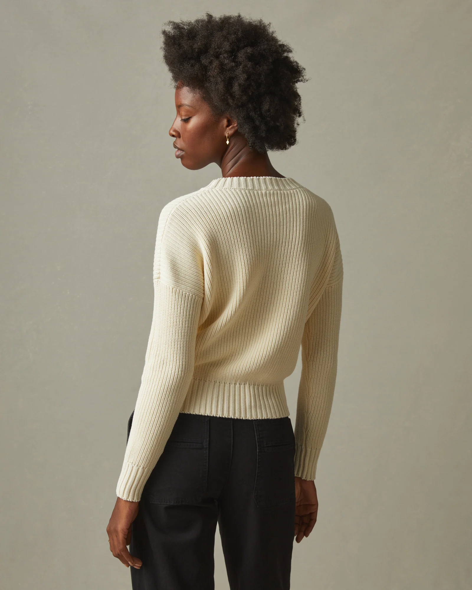 Women's Chunky Cotton Crew Sweater - Creme - Image 3