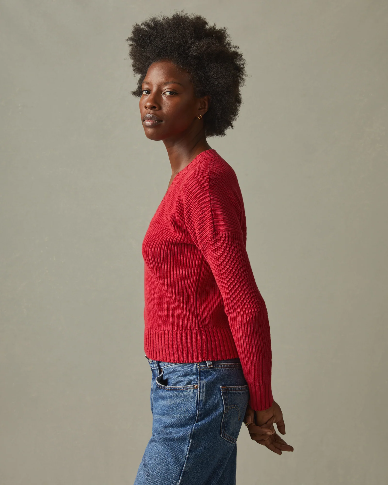 Women's Chunky Cotton V-Neck Sweater - Biking Red - Image 2