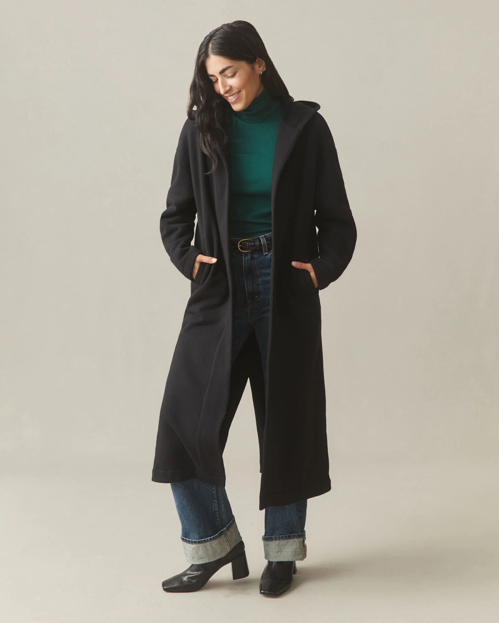 Women's Fleece Long Coat - Black - Image 2