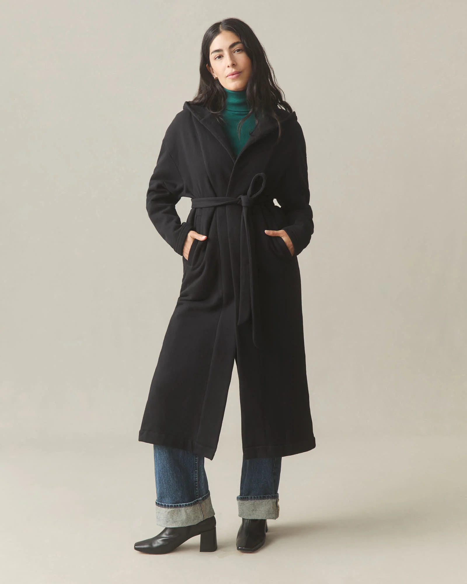 Women's Fleece Long Coat - Black - Image 3