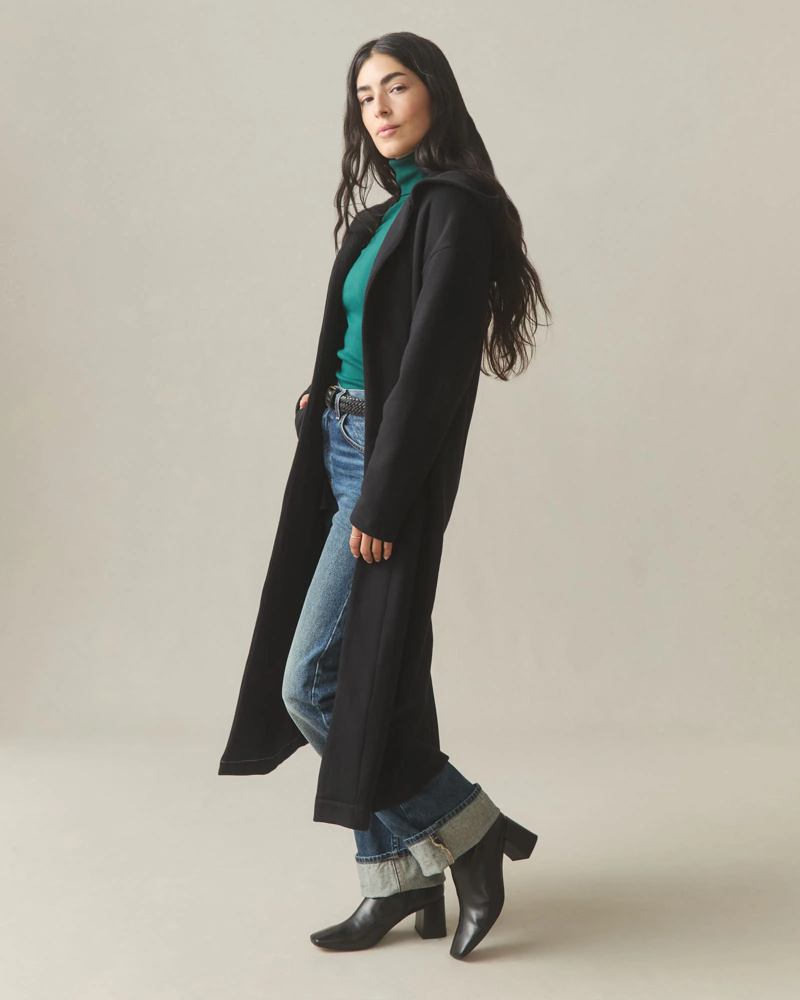 Women's Fleece Long Coat - Black - Image 4